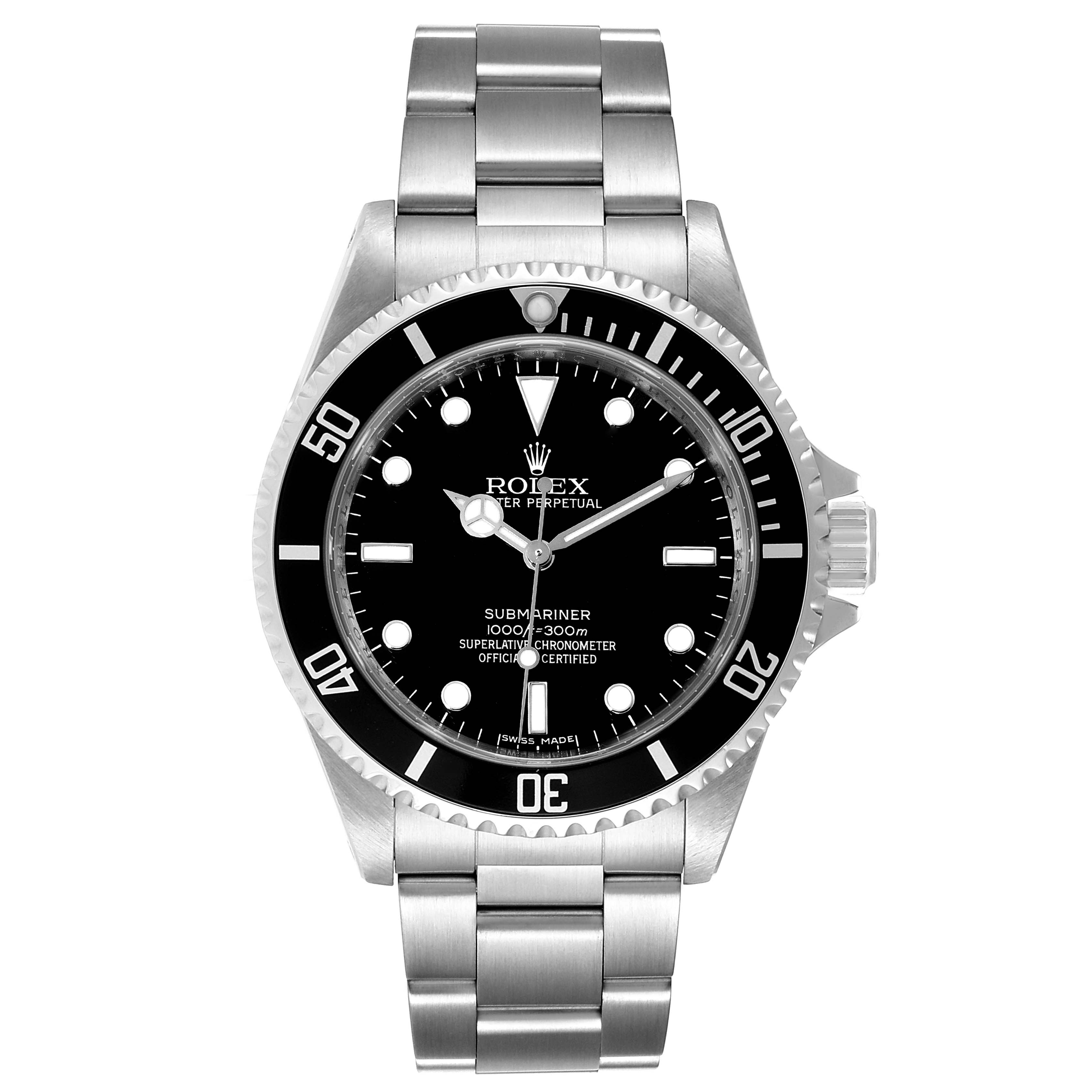 The image shows a front view of a Rolex Submariner 14060 Men
s Stainless Steel Black Dial 14060 Men
s Stainless Steel Black Dial watch displaying its dial, bezel, and stainless steel bracelet.