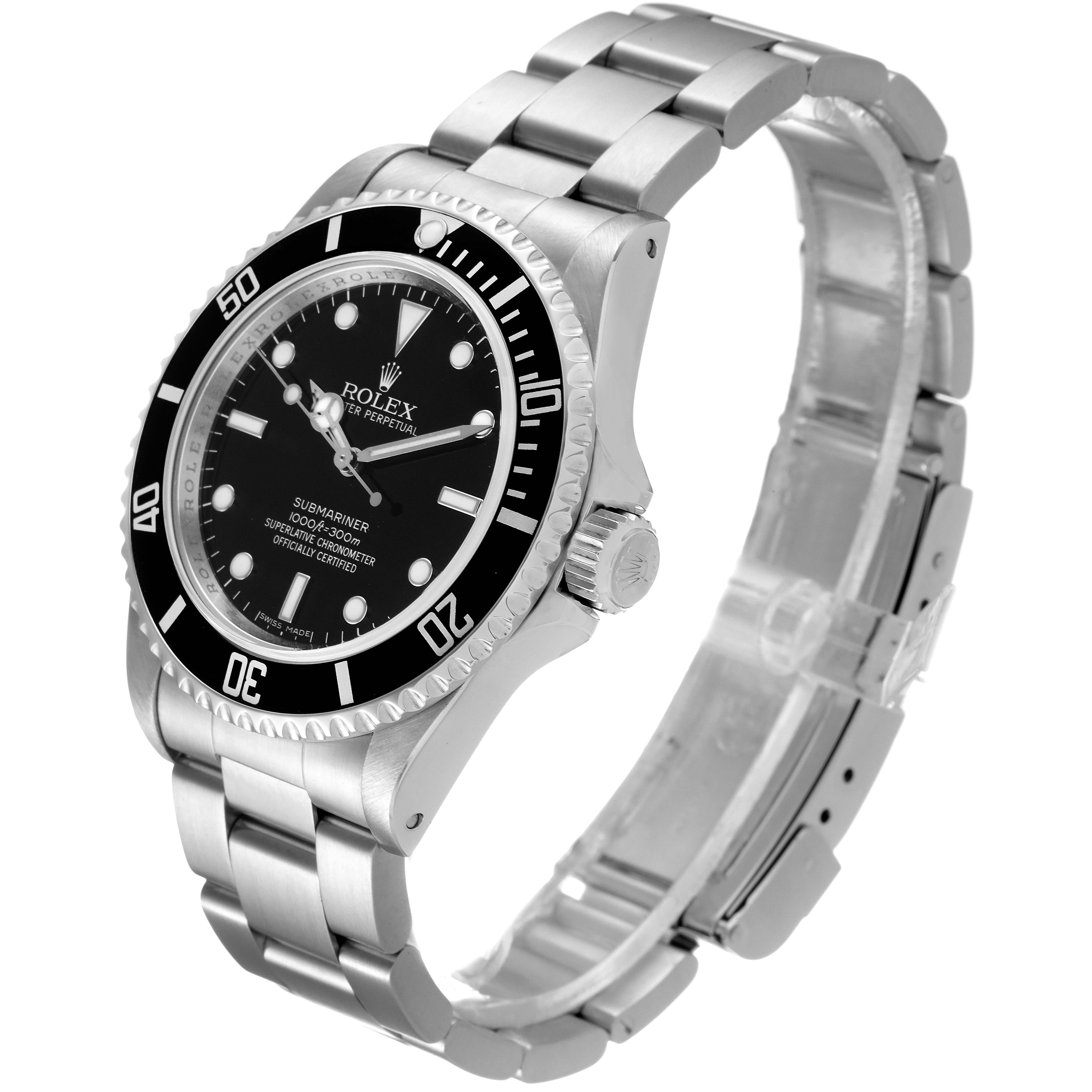 The image shows a side angle of a Rolex Submariner 14060 Men
s Stainless Steel Black Dial 14060 Men
s Stainless Steel Black Dial, highlighting the watch face, bezel, crown, and stainless steel bracelet.
