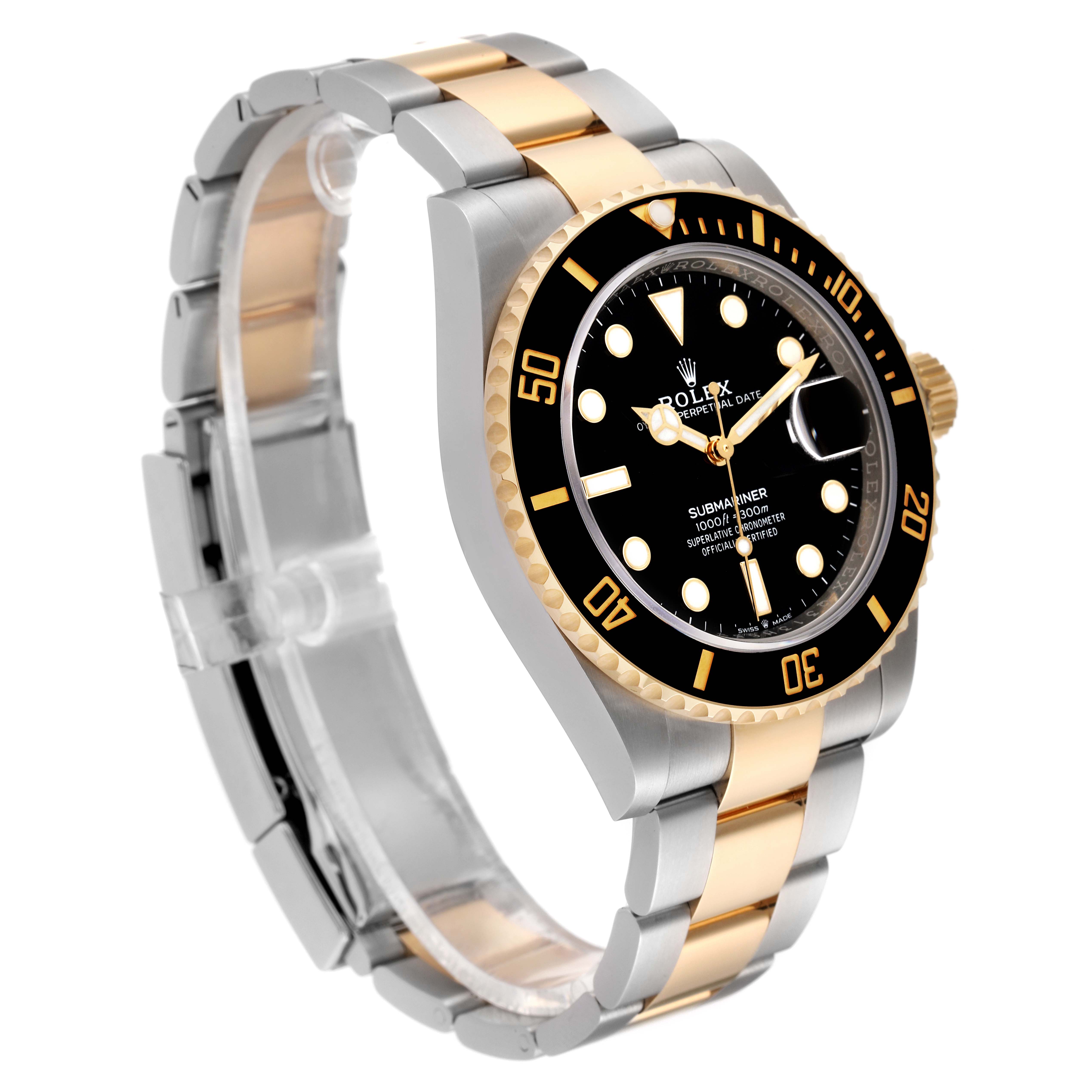 The image shows a Rolex Submariner 126613 Men's Steel and Gold (two tone) Black Dial 126613 Men's Steel and Gold (two tone) Black Dial watch at an angled side view, highlighting its bezel, dial, and two-tone bracelet.