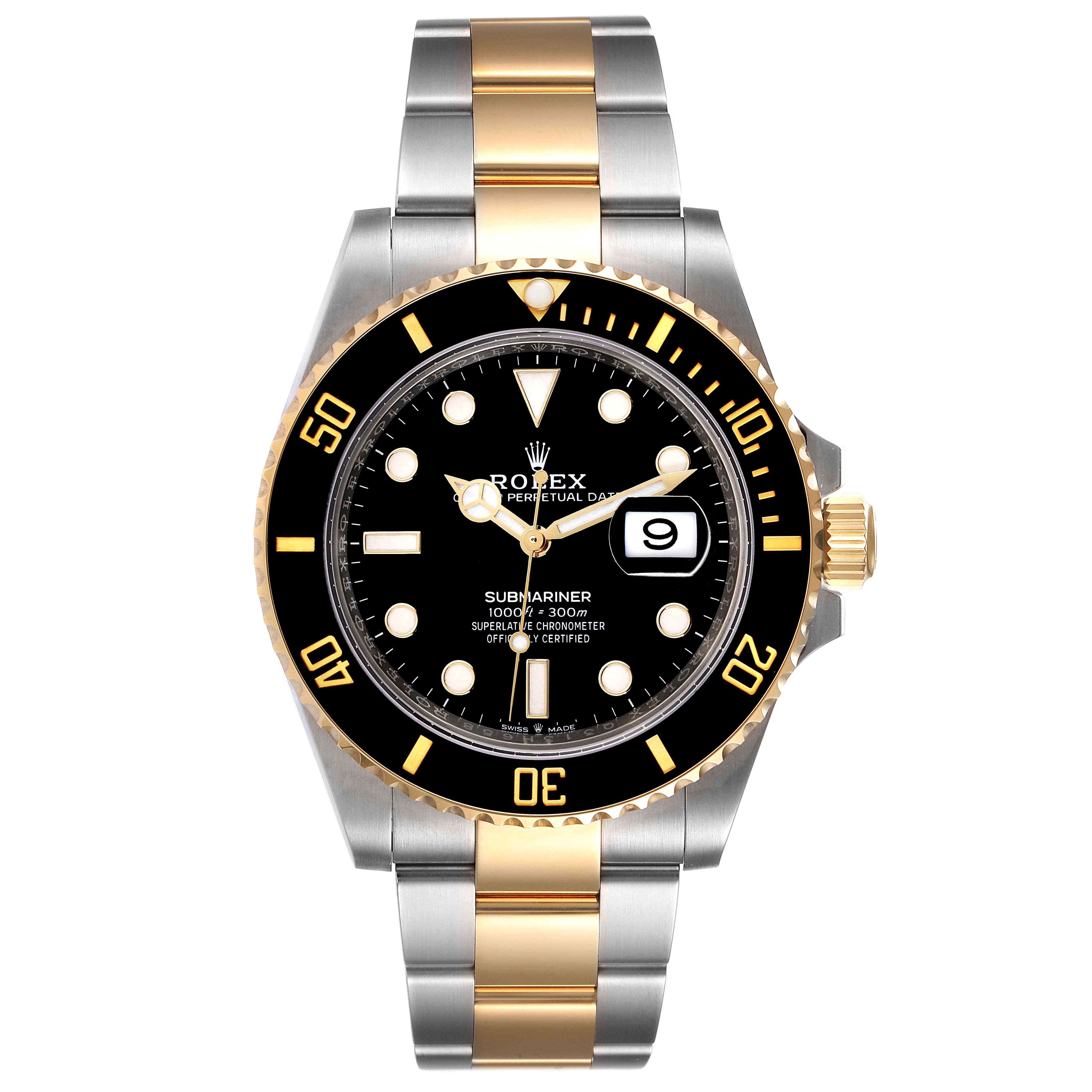 This image shows a front view of the Rolex Submariner 126613 Men's Steel and Gold (two tone) Black Dial 126613 Men's Steel and Gold (two tone) Black Dial, highlighting its gold and stainless steel bracelet, black dial, and date display.