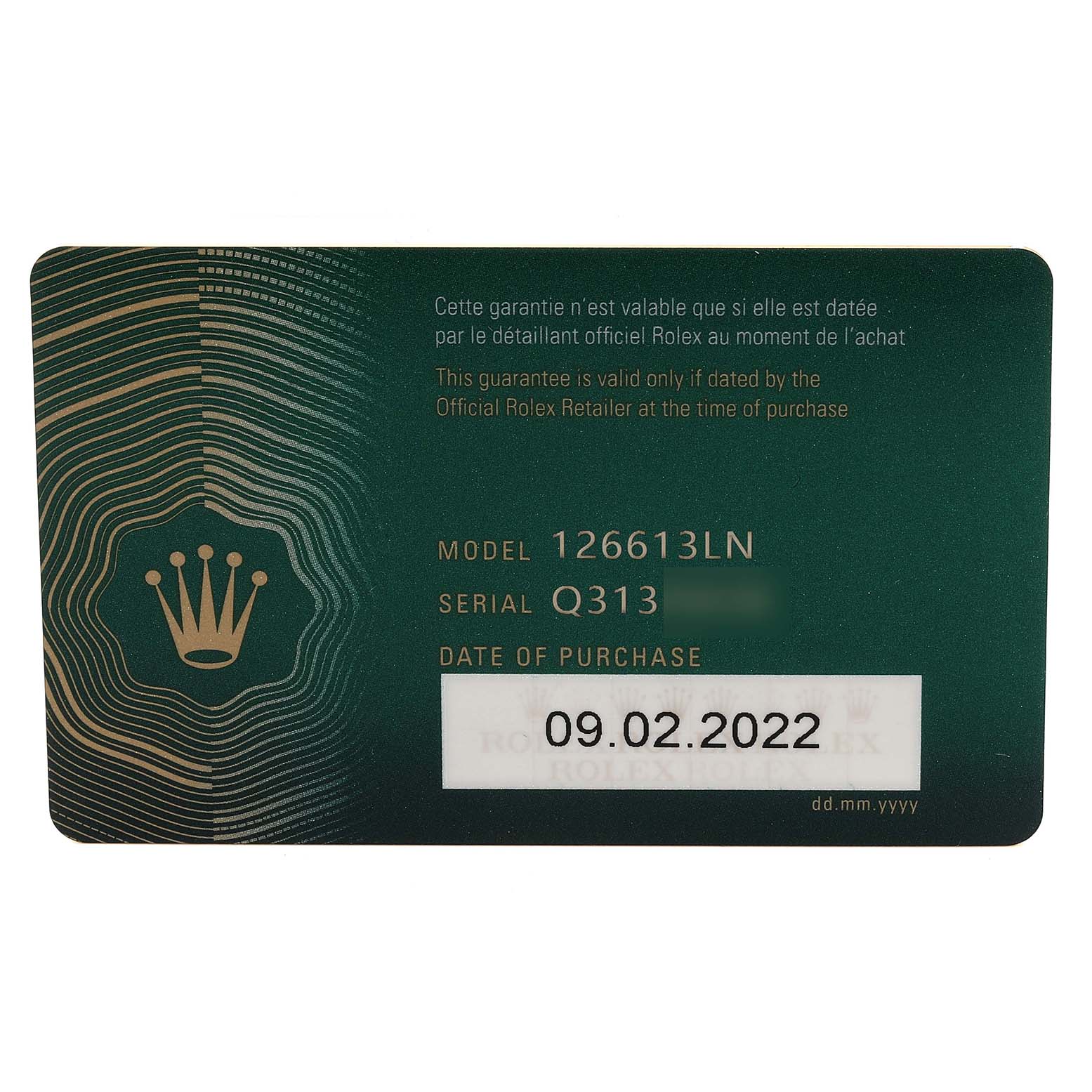 This image shows a warranty card for the Rolex Submariner 126613 Men's Steel and Gold (two tone) Black Dial 126613 Men's Steel and Gold (two tone) Black Dial model 126613LN, detailing the serial number and date of purchase.
