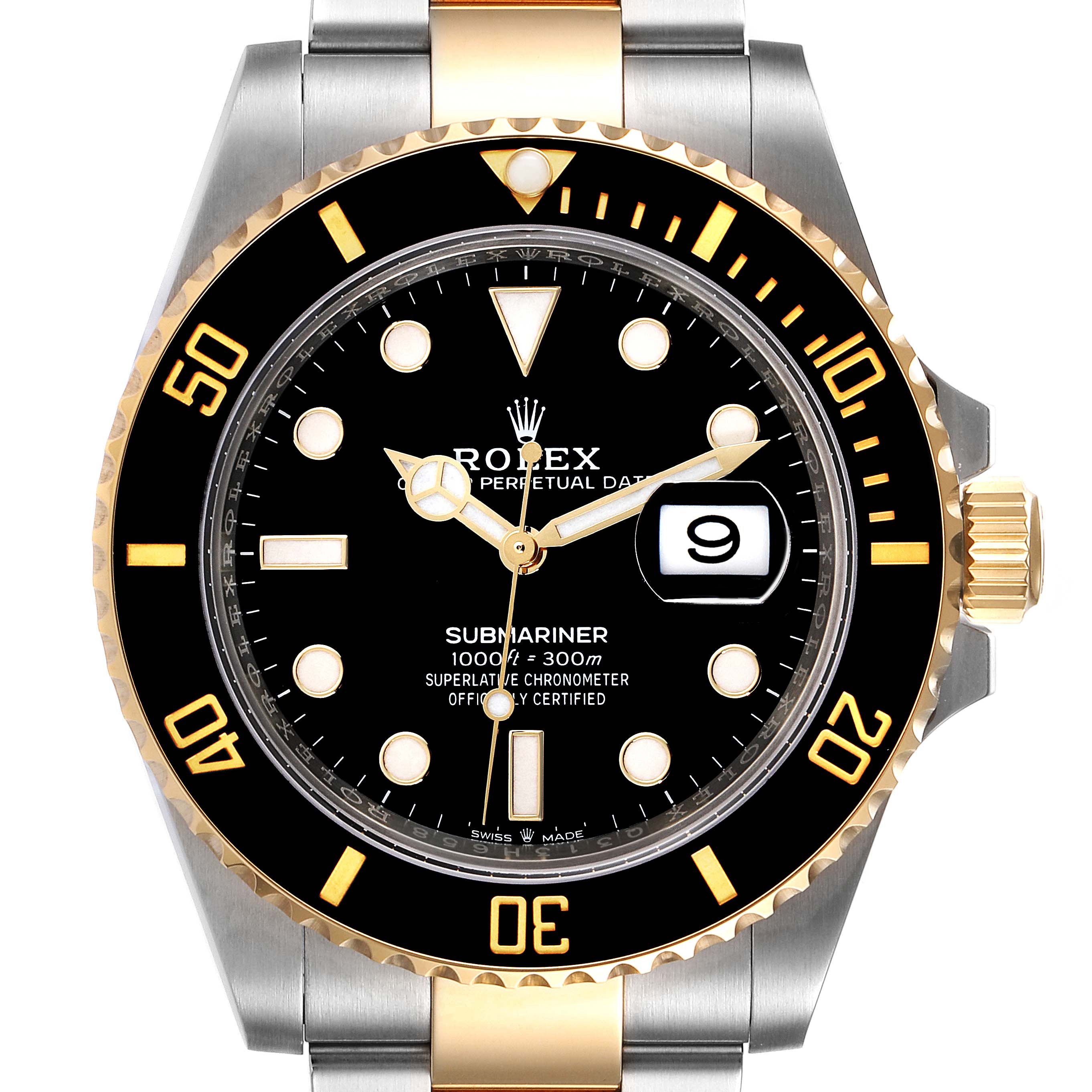 This Rolex Submariner 126613 Men's Steel and Gold (two tone) Black Dial 126613 Men's Steel and Gold (two tone) Black Dial watch is shown from the front, highlighting the face, bezel, dial, and bracelet.