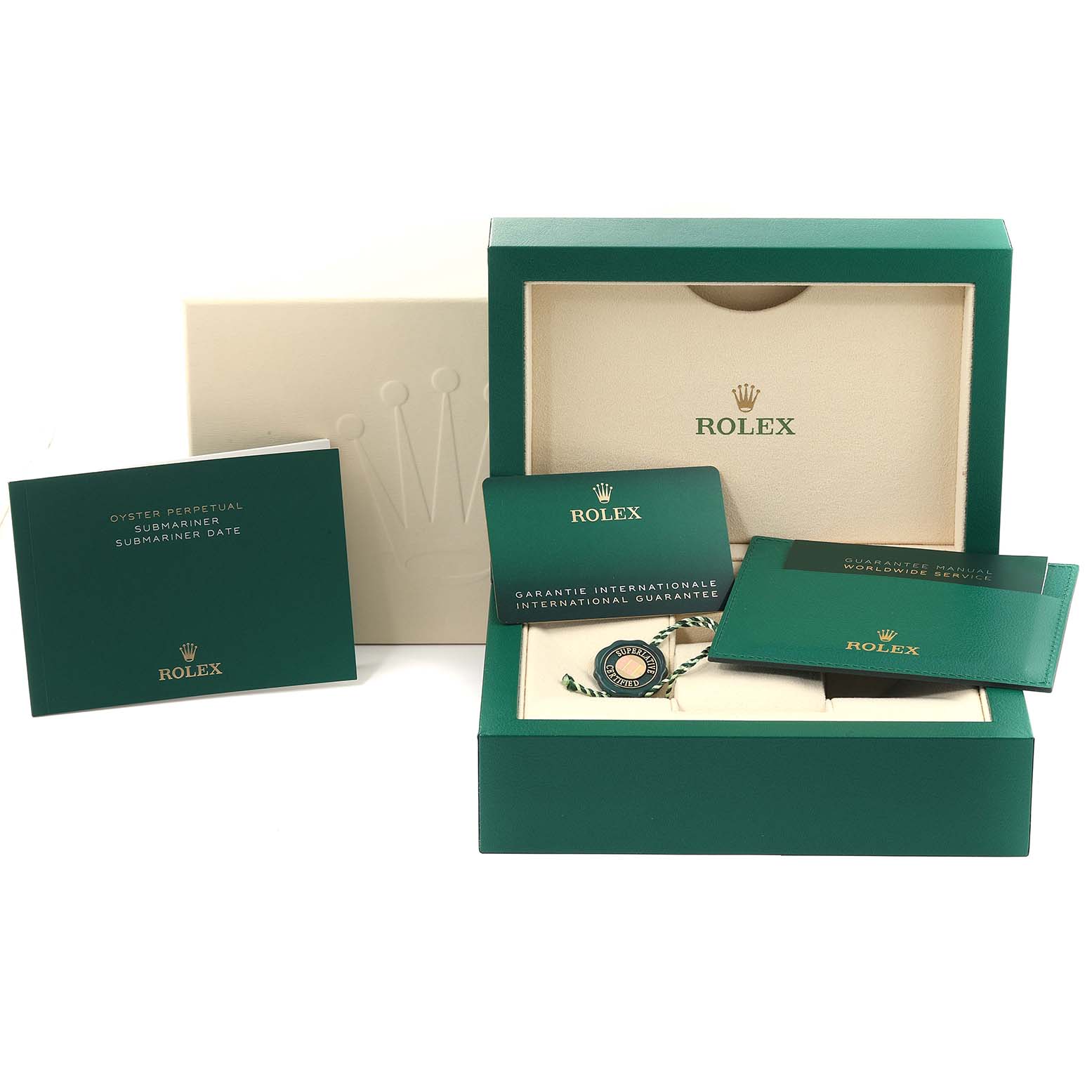 The image shows the packaging and accessories for a Rolex Submariner 126613 Men's Steel and Gold (two tone) Black Dial 126613 Men's Steel and Gold (two tone) Black Dial watch, including manuals, warranty card, and tags.