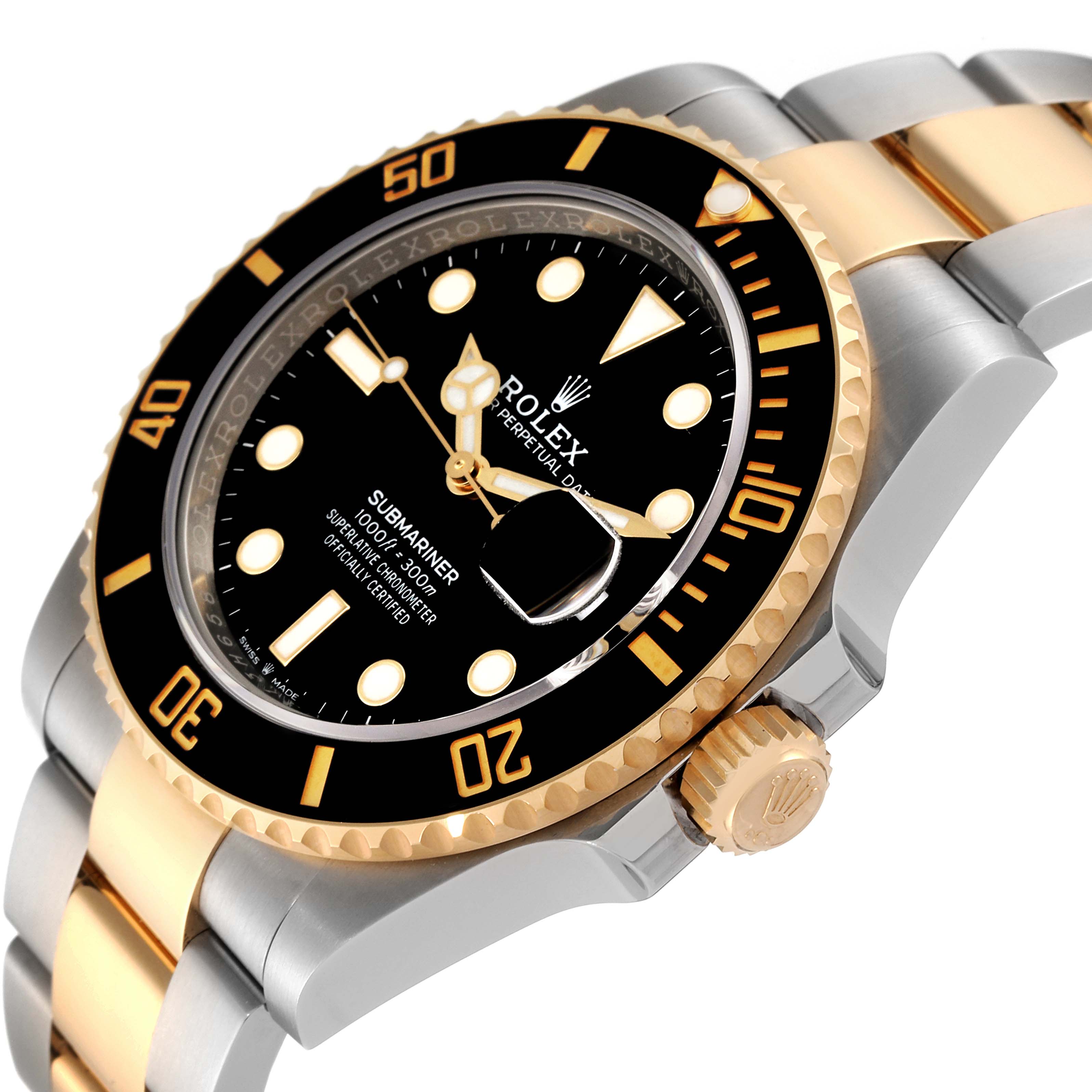 The image shows a close-up oblique angle of the Rolex Submariner 126613 Men's Steel and Gold (two tone) Black Dial 126613 Men's Steel and Gold (two tone) Black Dial watch, highlighting the bezel, crown, dial, and bracelet.