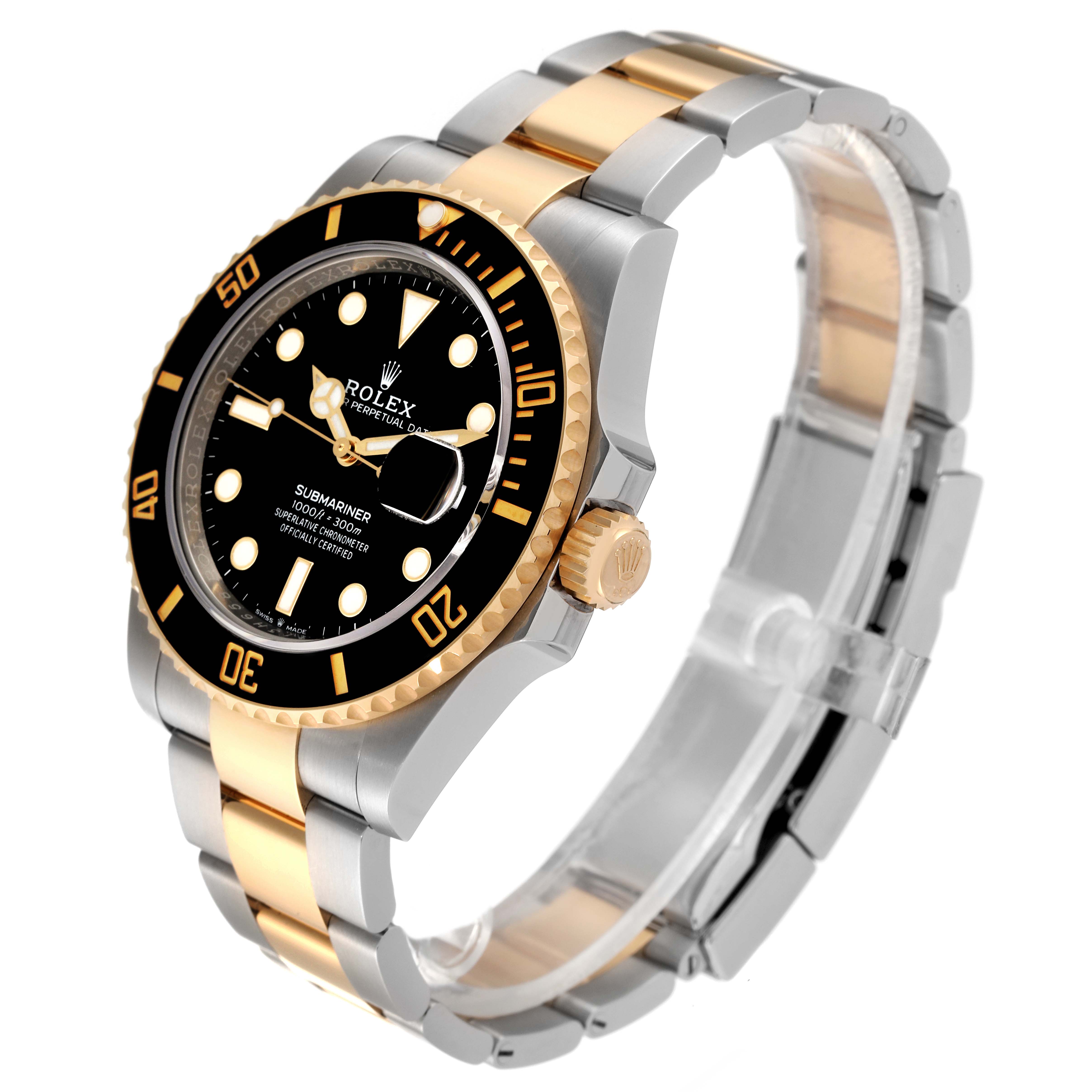 The image shows a side-angle view of a Rolex Submariner 126613 Men's Steel and Gold (two tone) Black Dial 126613 Men's Steel and Gold (two tone) Black Dial, highlighting its gold and silver band, black dial, and rotating bezel.