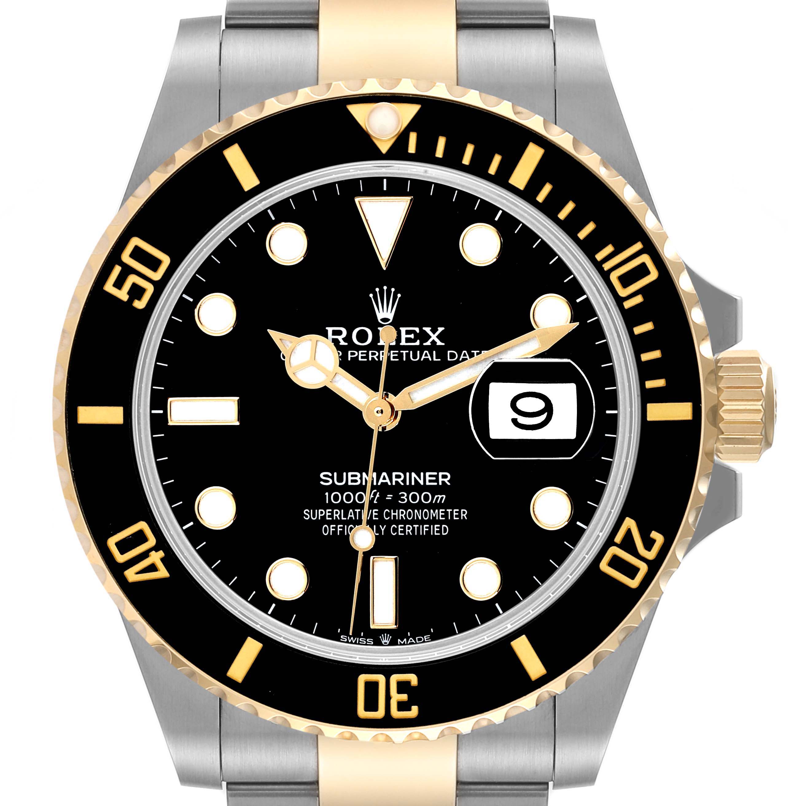 The image shows a frontal view of a Rolex Submariner 126613 Men's Steel and Gold (two tone) Black Dial 126613 Men's Steel and Gold (two tone) Black Dial watch, displaying the dial, bezel, crown, and bracelet.