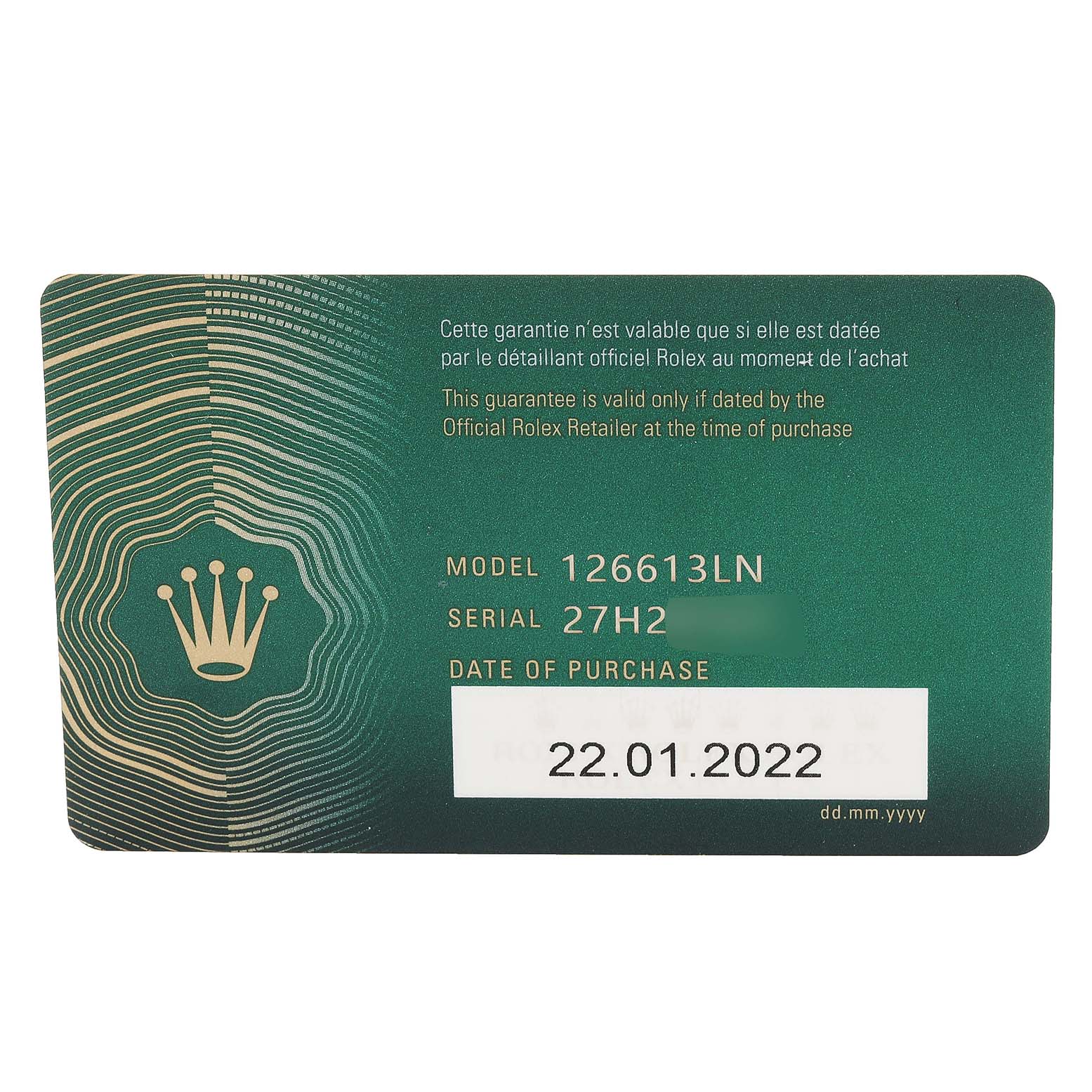 The image shows a warranty card for a Rolex Submariner 126613 Men's Steel and Gold (two tone) Black Dial 126613 Men's Steel and Gold (two tone) Black Dial model 126613LN with a purchase date of 22.01.2022.