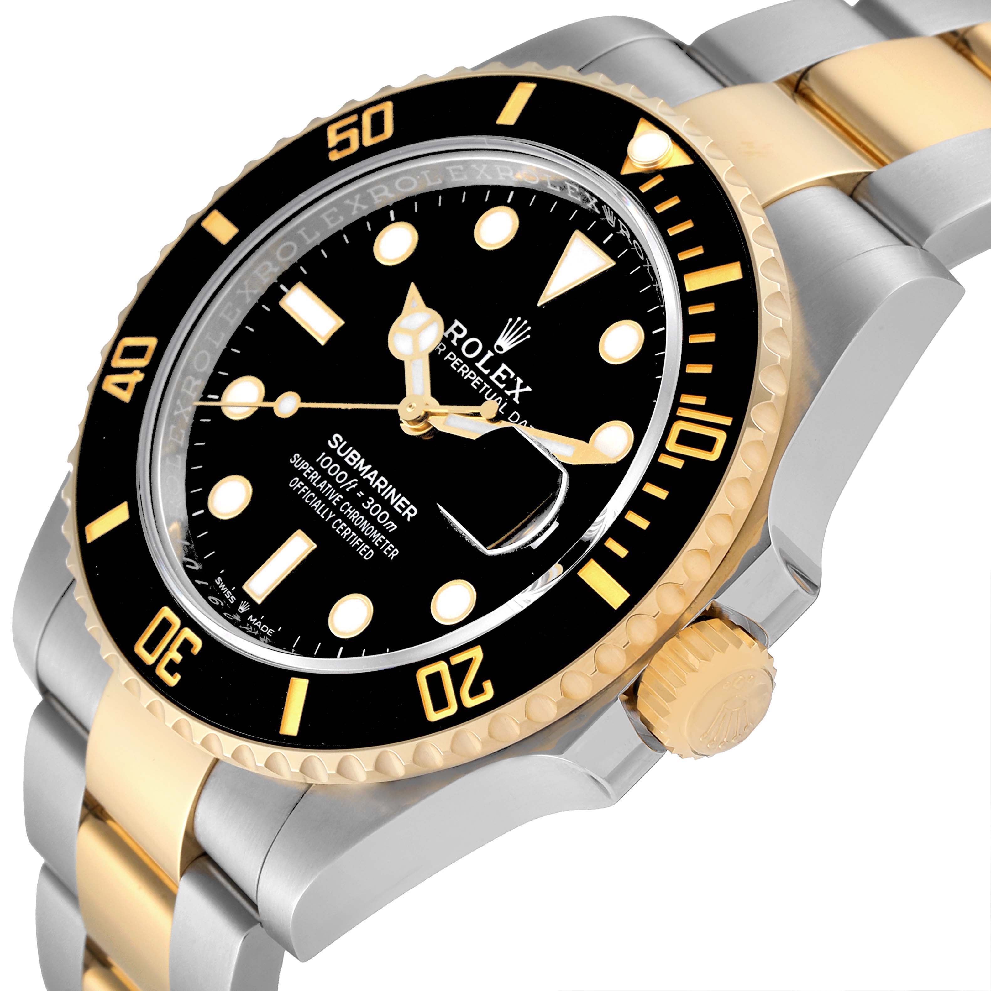 This image shows a quarter-angle view of the Rolex Submariner 126613 Men's Steel and Gold (two tone) Black Dial 126613 Men's Steel and Gold (two tone) Black Dial, highlighting the bezel, dial, crown, and part of the bracelet.
