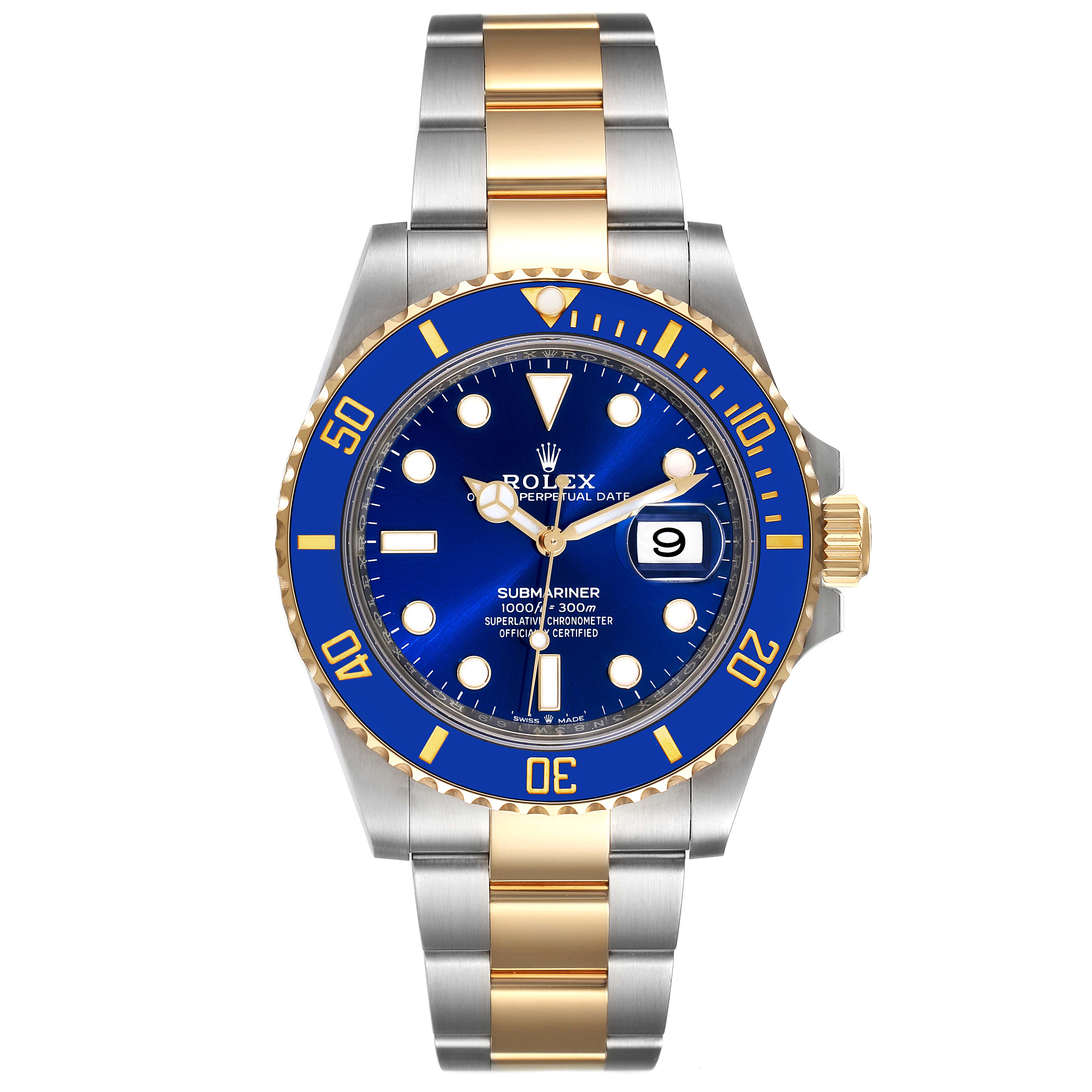 The Rolex Submariner 126613 Men's Steel and Gold (two tone) Blue Dial 126613 Men's Steel and Gold (two tone) Blue Dial model watch is shown from a front angle, displaying the face, bezel, crown, and bracelet.