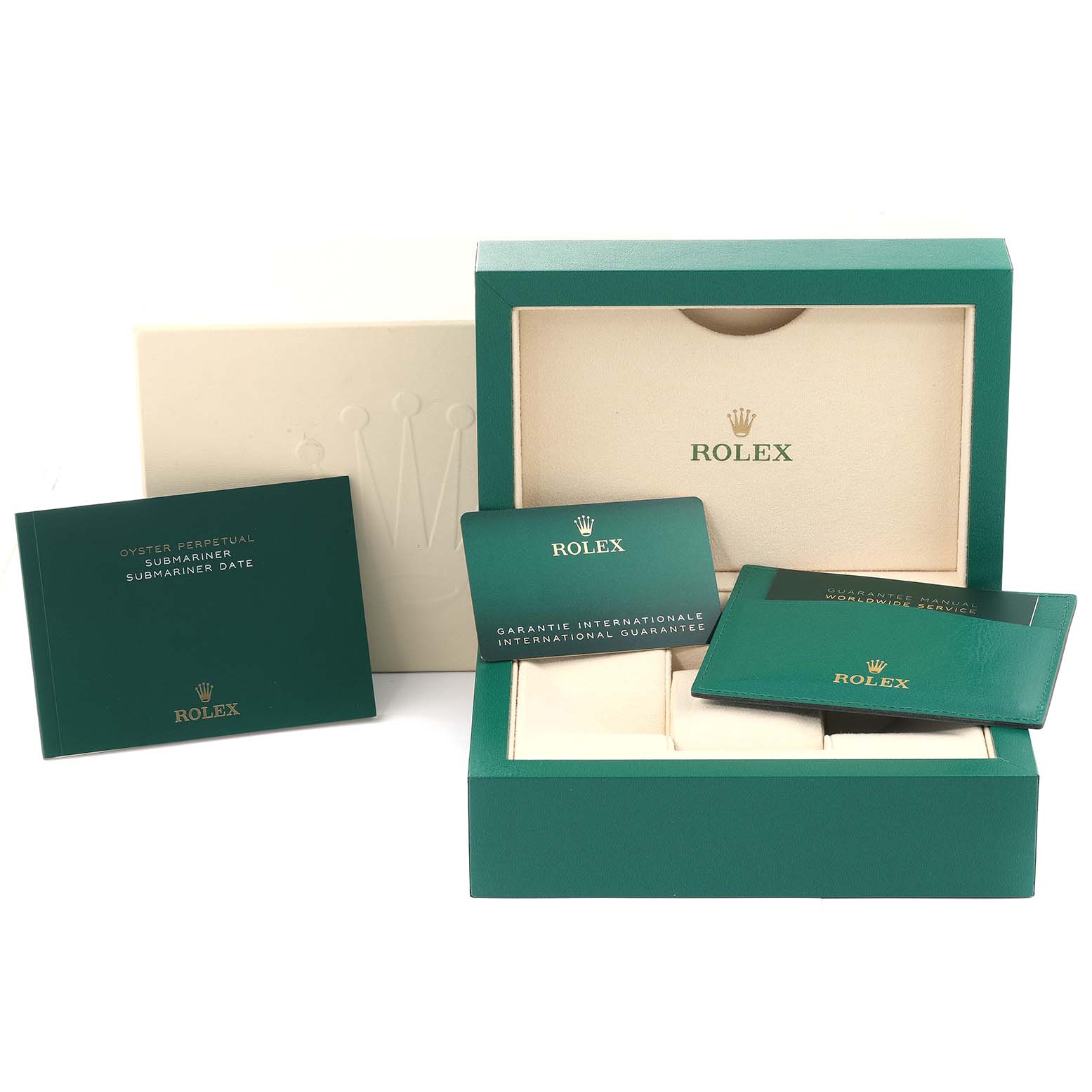 The image shows a Rolex Submariner 126613 Men's Steel and Gold (two tone) Blue Dial 126613 Men's Steel and Gold (two tone) Blue Dial watch box and accessories, including manuals and warranty cards, from a front angle.