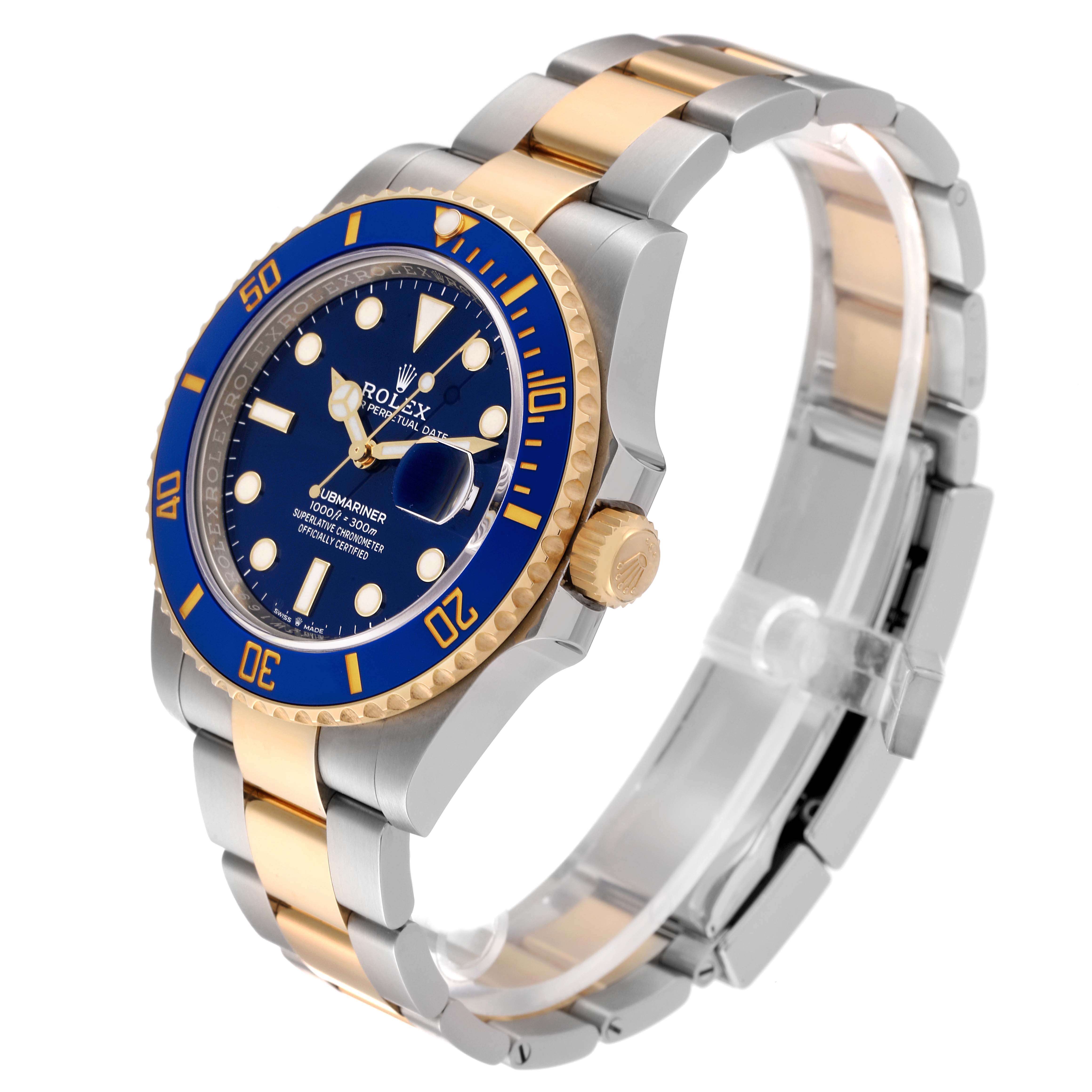 The Rolex Submariner 126613 Men's Steel and Gold (two tone) Blue Dial 126613 Men's Steel and Gold (two tone) Blue Dial watch is shown at a three-quarter angle, highlighting the blue dial, bezel, crown, and two-tone bracelet.