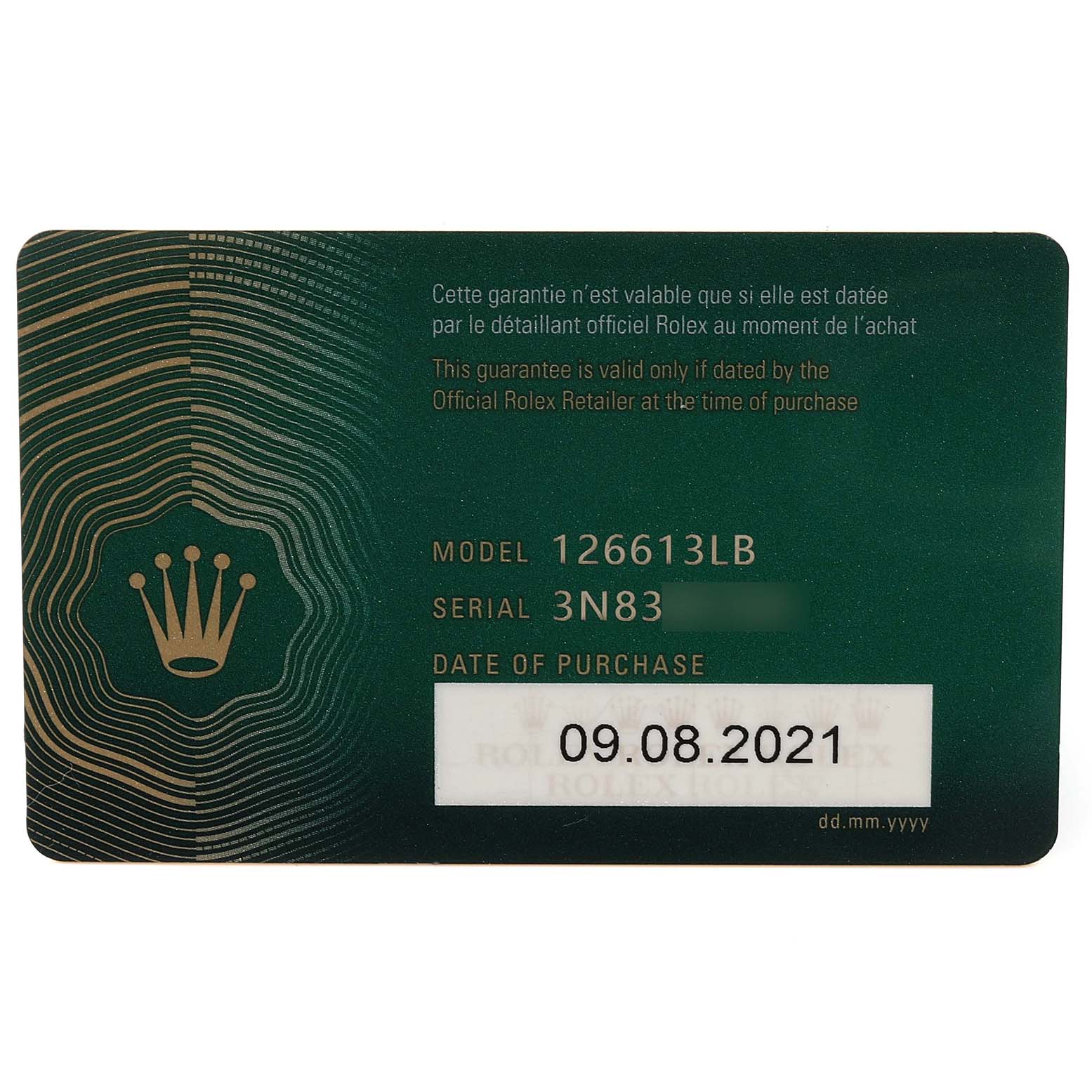 This image shows the warranty card for a Rolex Submariner 126613 Men's Steel and Gold (two tone) Blue Dial 126613 Men's Steel and Gold (two tone) Blue Dial model, including model and serial numbers and purchase date.