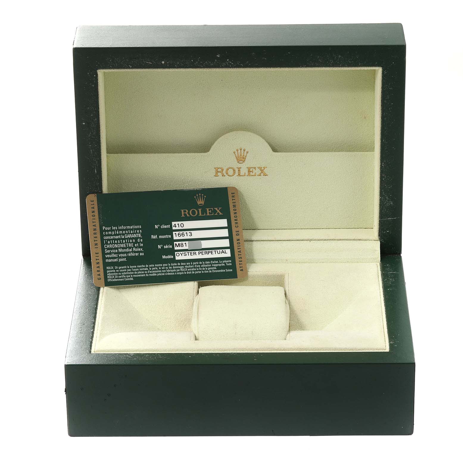 The image shows the interior of a Rolex Submariner 16613 Men's Steel and Gold (two tone) Blue Dial 16613 Men's Steel and Gold (two tone) Blue Dial watch box and its authenticity card.