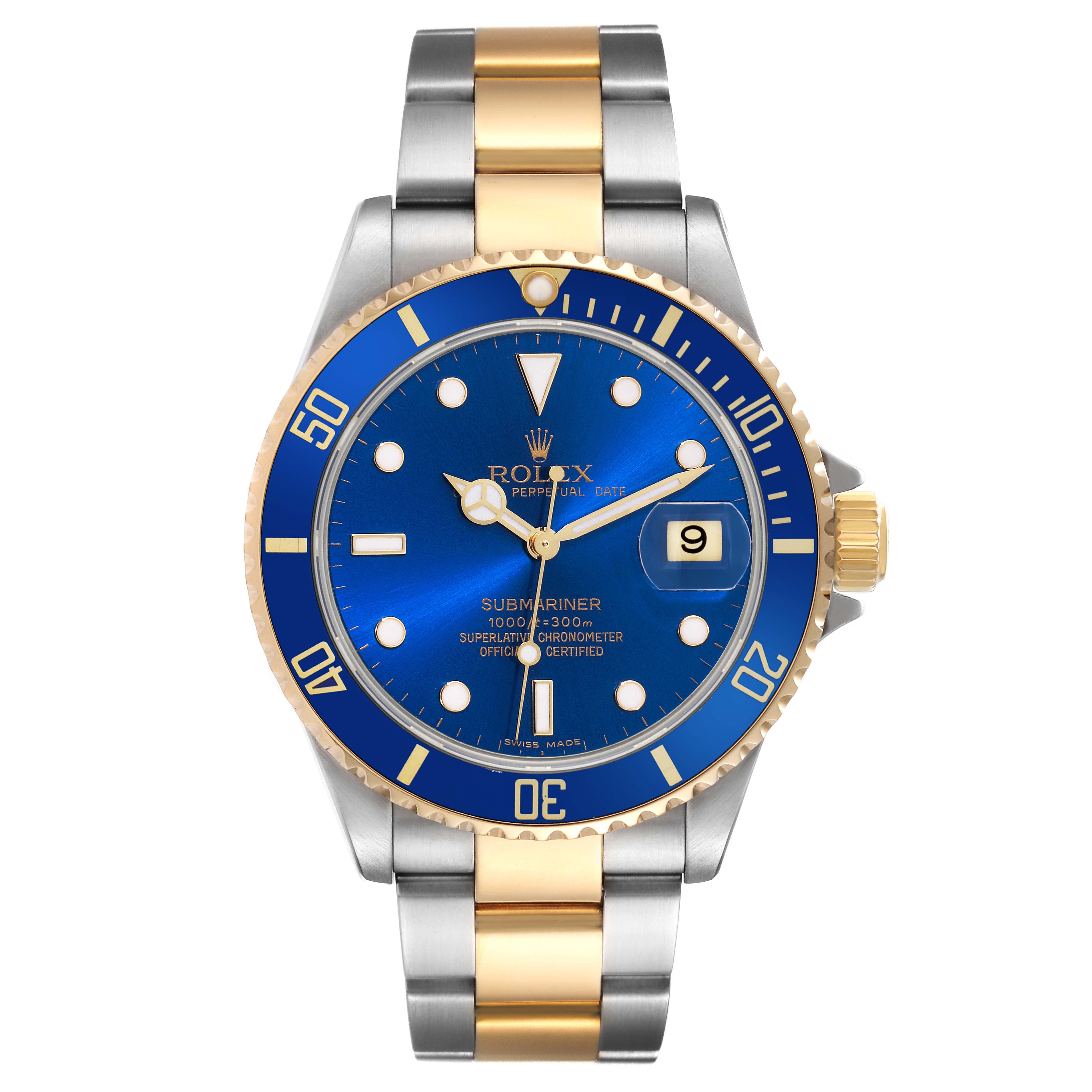 The image shows a frontal view of a Rolex Submariner 16613 Men's Steel and Gold (two tone) Blue Dial 16613 Men's Steel and Gold (two tone) Blue Dial watch with a blue dial, gold accents, and stainless steel and gold bracelet.