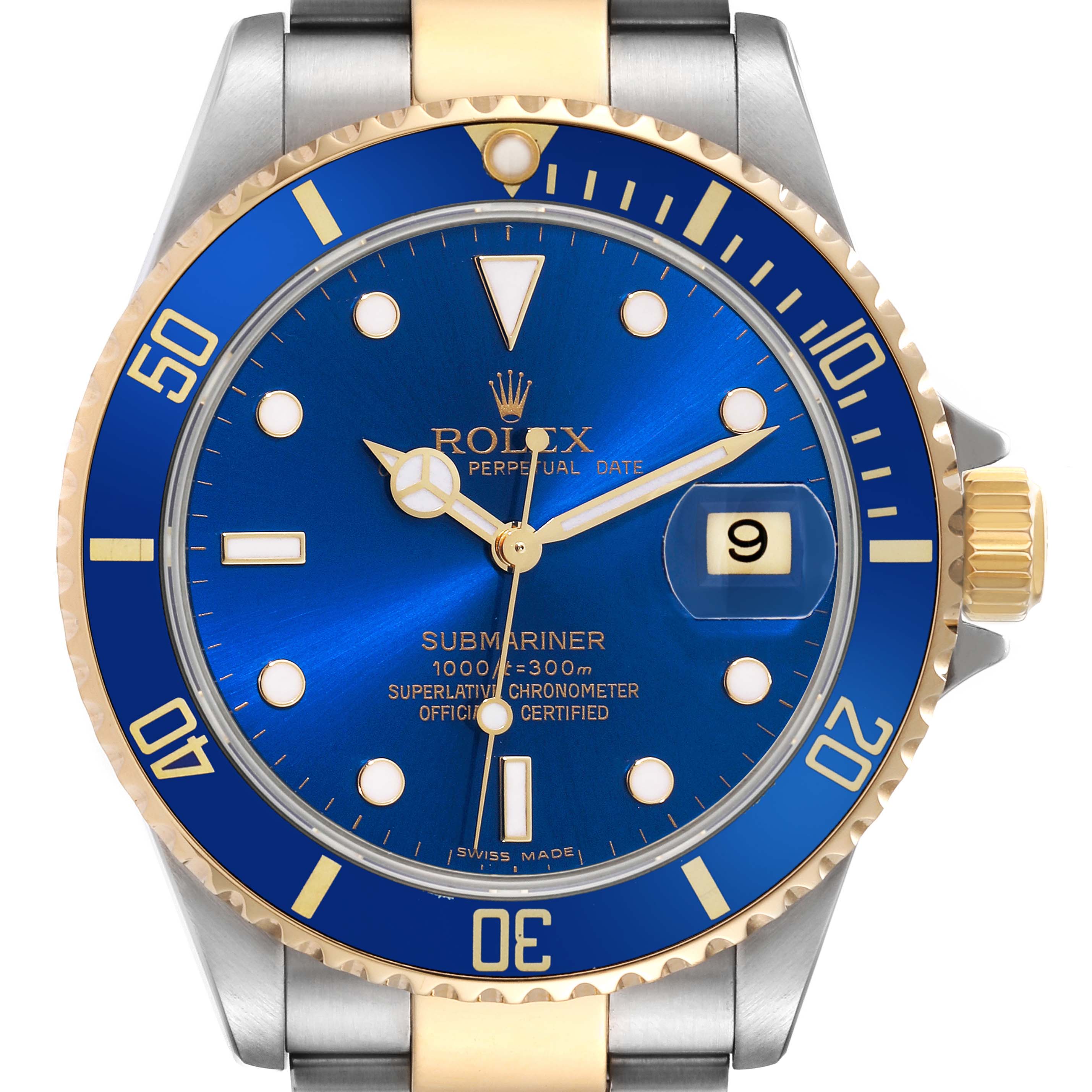 This is a front view of a Rolex Submariner 16613 Men's Steel and Gold (two tone) Blue Dial 16613 Men's Steel and Gold (two tone) Blue Dial watch, featuring a blue dial, date window, and two-tone bracelet.