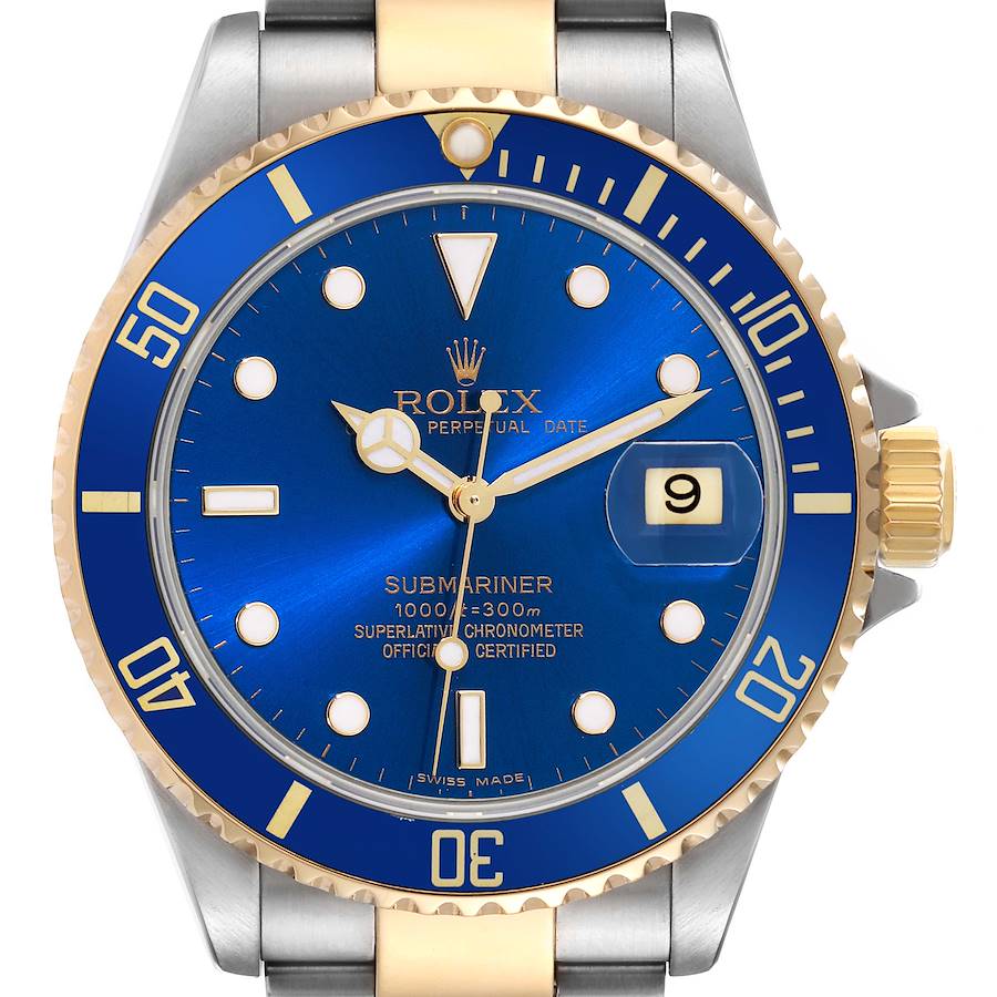 This is a front view of a Rolex Submariner watch, featuring a blue dial, date window, and two-tone bracelet.