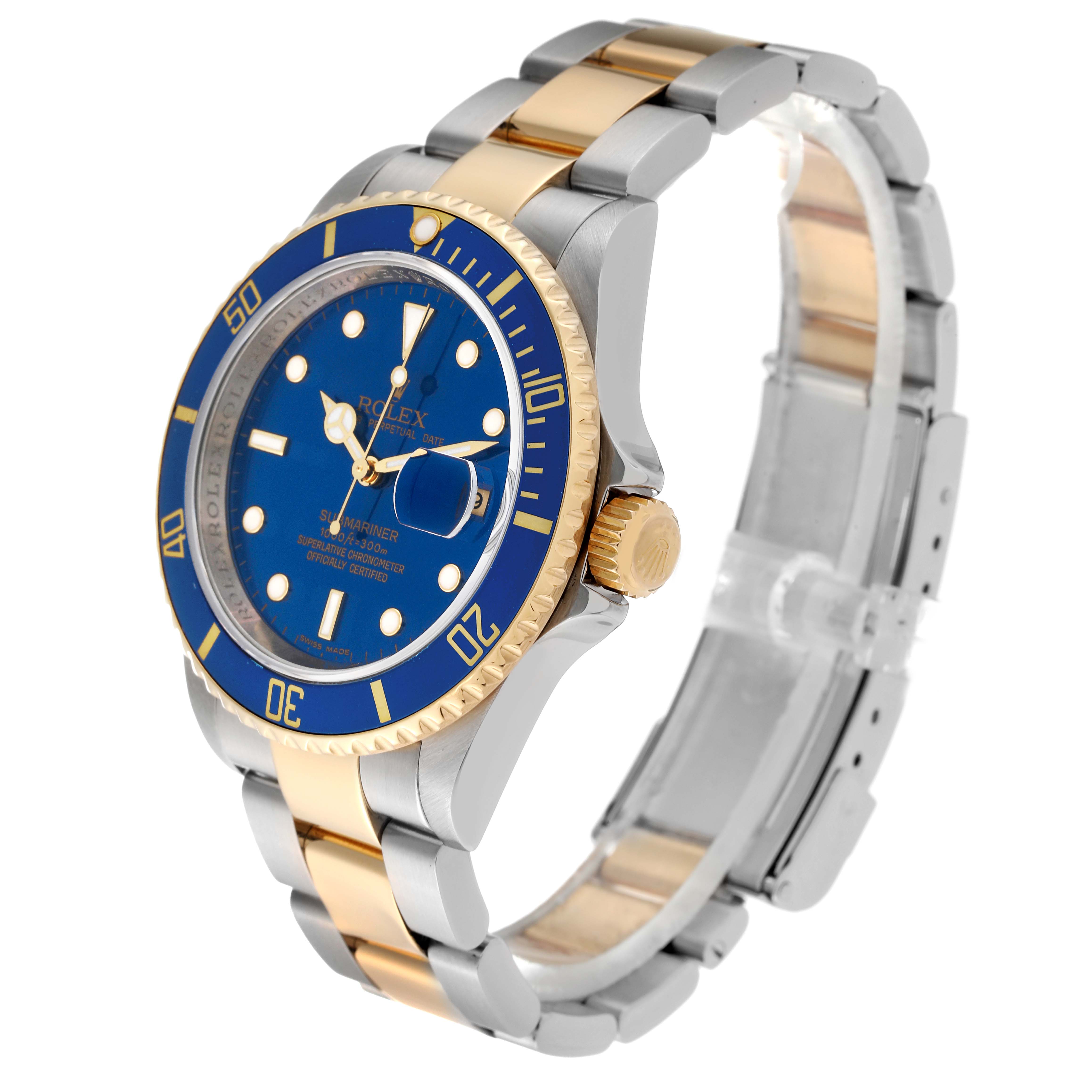 The image shows a Rolex Submariner 16613 Men's Steel and Gold (two tone) Blue Dial 16613 Men's Steel and Gold (two tone) Blue Dial watch at a slight angle, highlighting the blue dial, bezel, and two-tone bracelet.