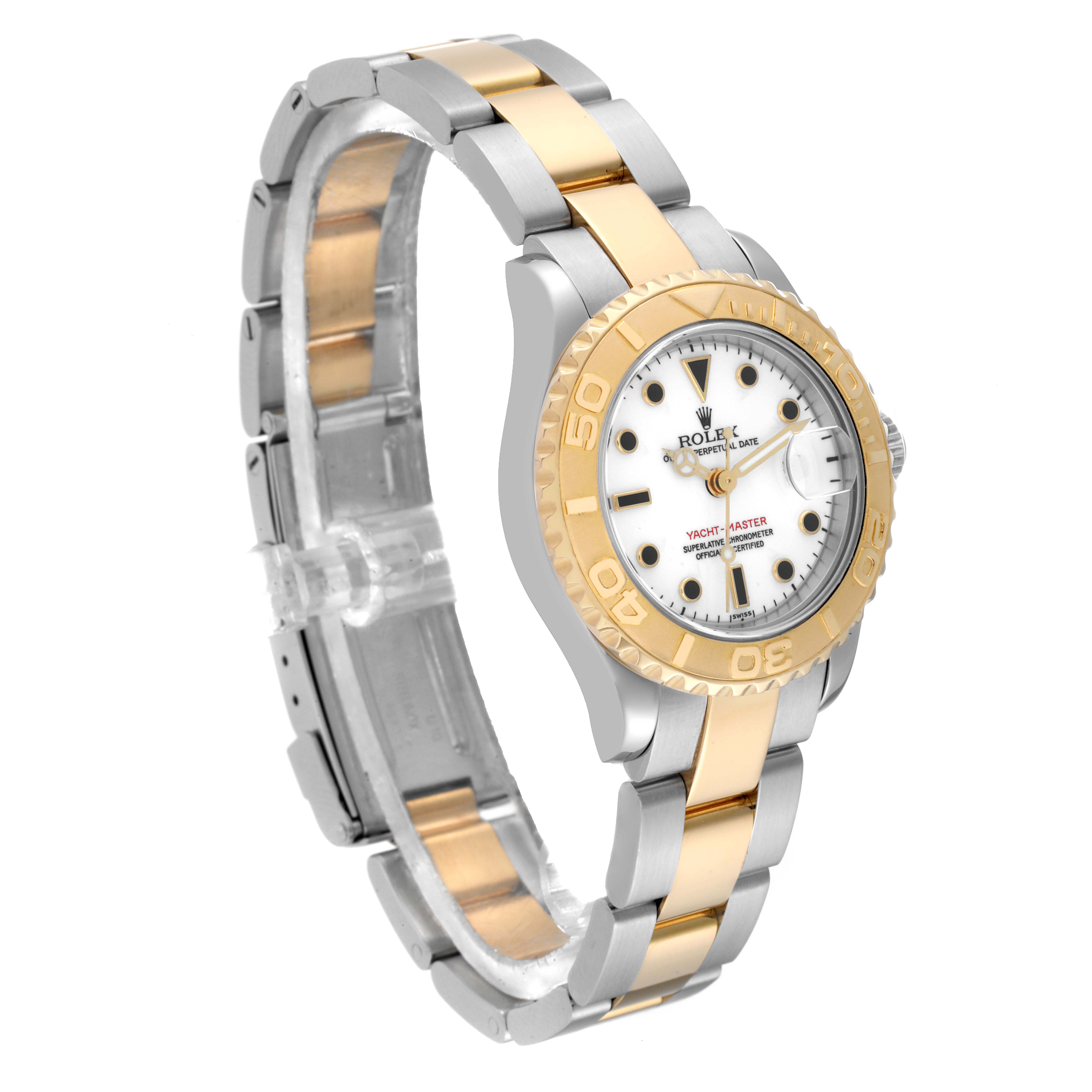 This image shows a side angle of a Rolex Yacht-Master 69623 Women's Steel and Gold (two tone) White Dial 69623 Women's Steel and Gold (two tone) White Dial watch featuring a two-tone metal bracelet.