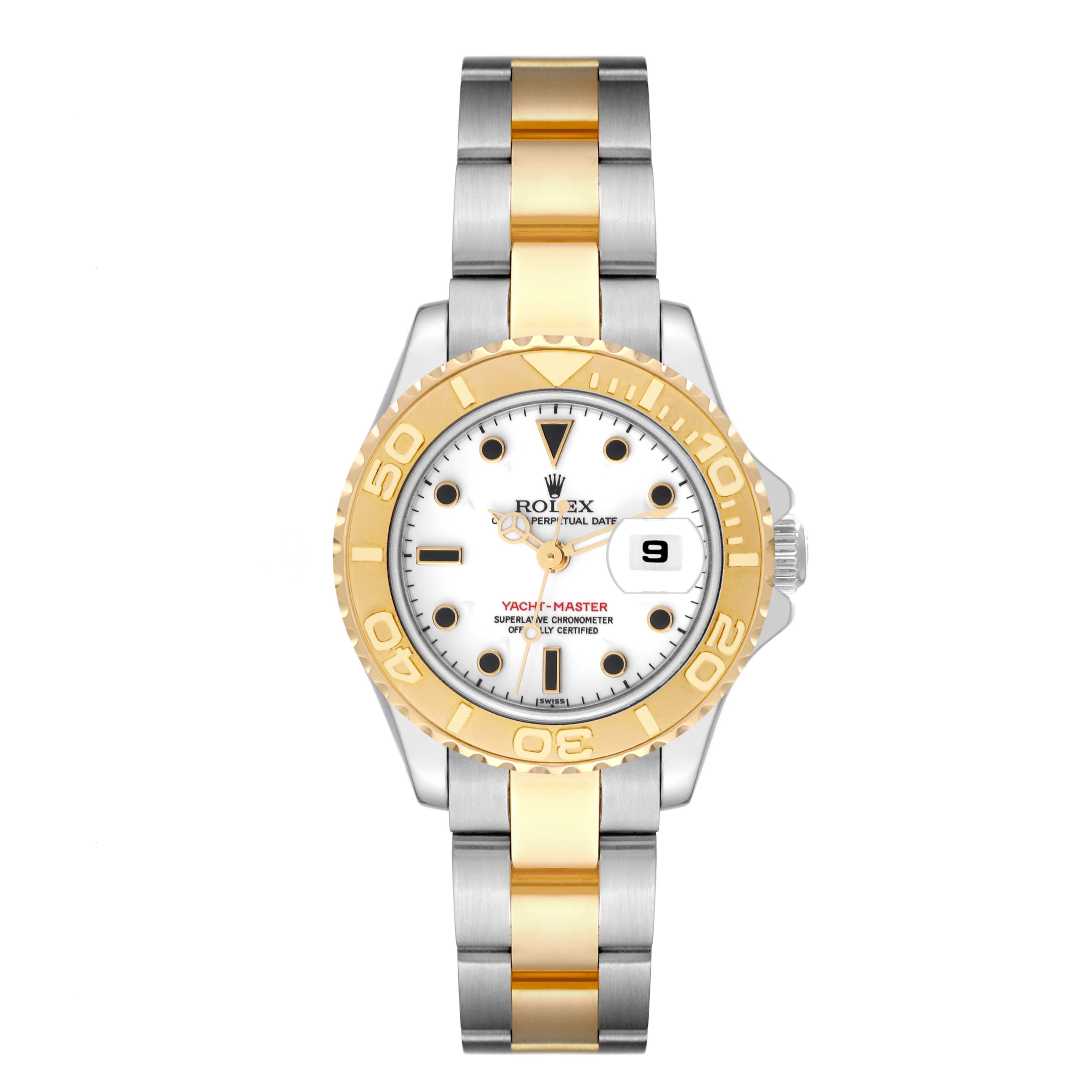 This image shows a front view of a Rolex Yacht-Master 69623 Women's Steel and Gold (two tone) White Dial 69623 Women's Steel and Gold (two tone) White Dial watch, displaying the dial, bezel, and two-tone bracelet.