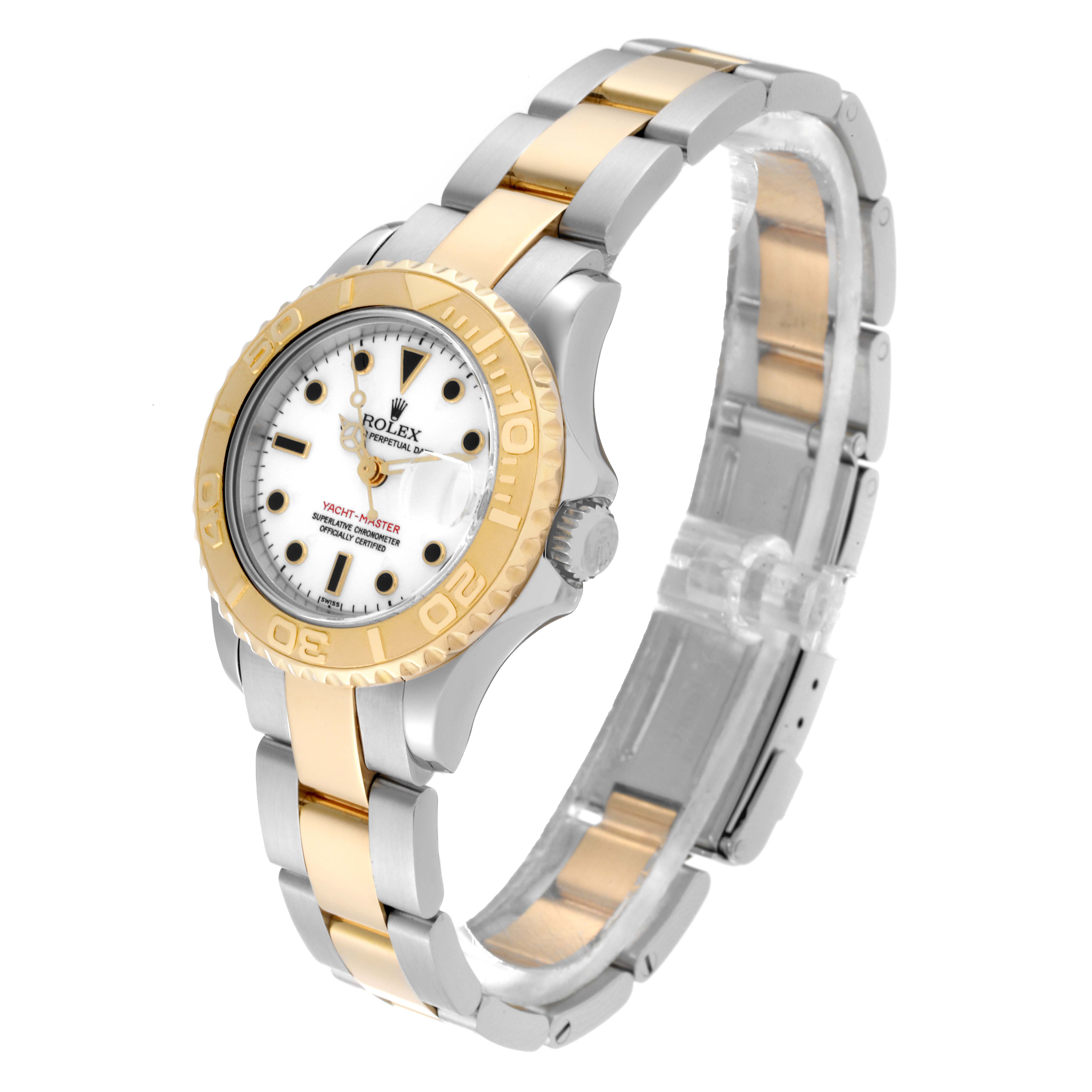 This image shows a Rolex Yacht-Master 69623 Women's Steel and Gold (two tone) White Dial 69623 Women's Steel and Gold (two tone) White Dial watch at a three-quarter angle, highlighting its dial, bezel, and bracelet.