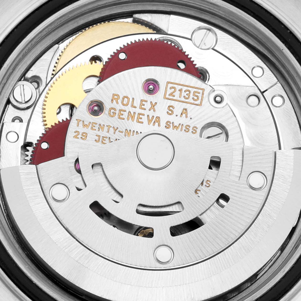 Close-up view of the Rolex Yacht-Master 69623 Women's Steel and Gold (two tone) White Dial 69623 Women's Steel and Gold (two tone) White Dial movement displayed from the back, showing gears and engraved details.