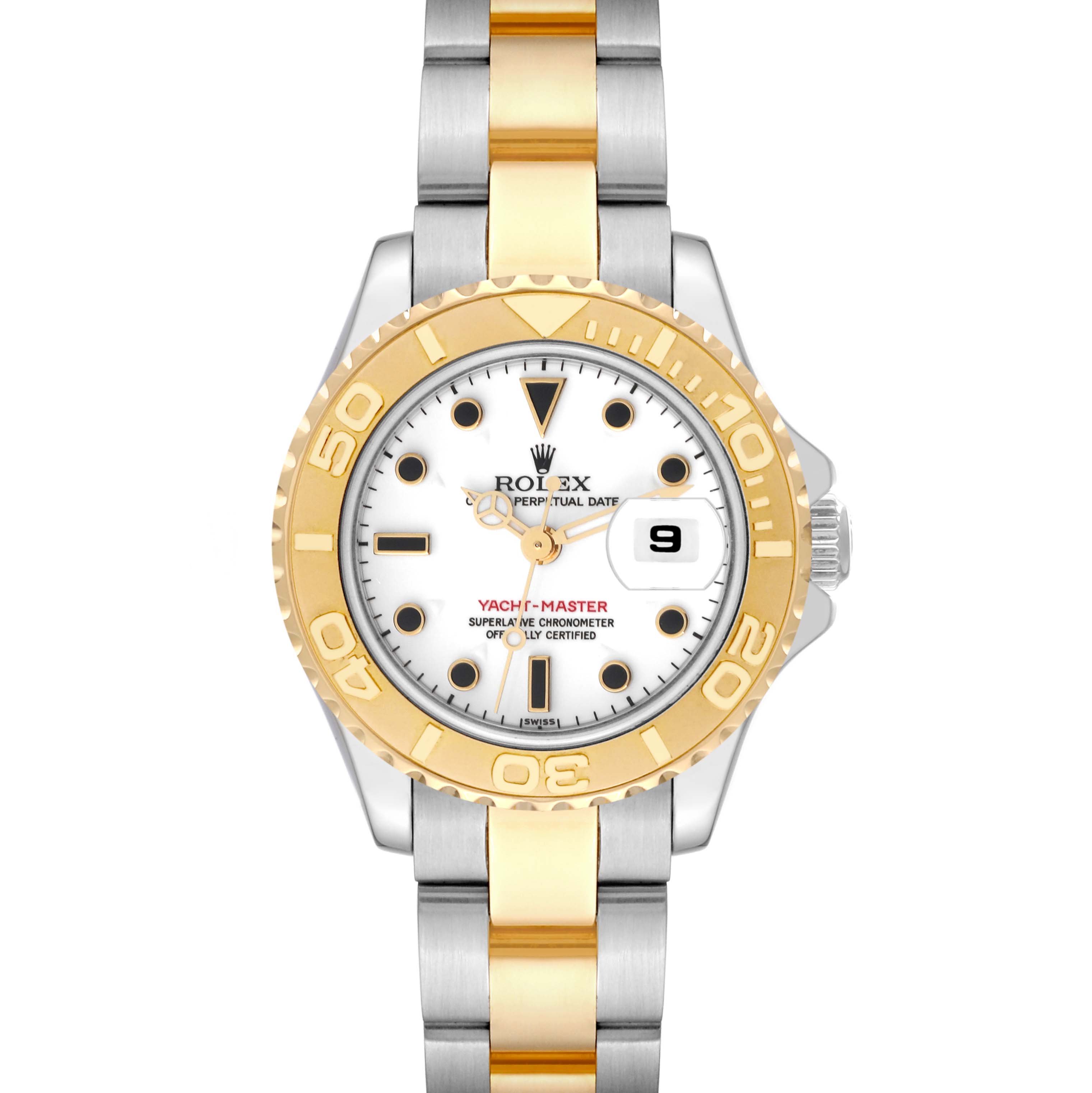 This Rolex Yacht-Master 69623 Women's Steel and Gold (two tone) White Dial 69623 Women's Steel and Gold (two tone) White Dial watch is shown from a top-down angle, highlighting its face, bezel, and bracelet.