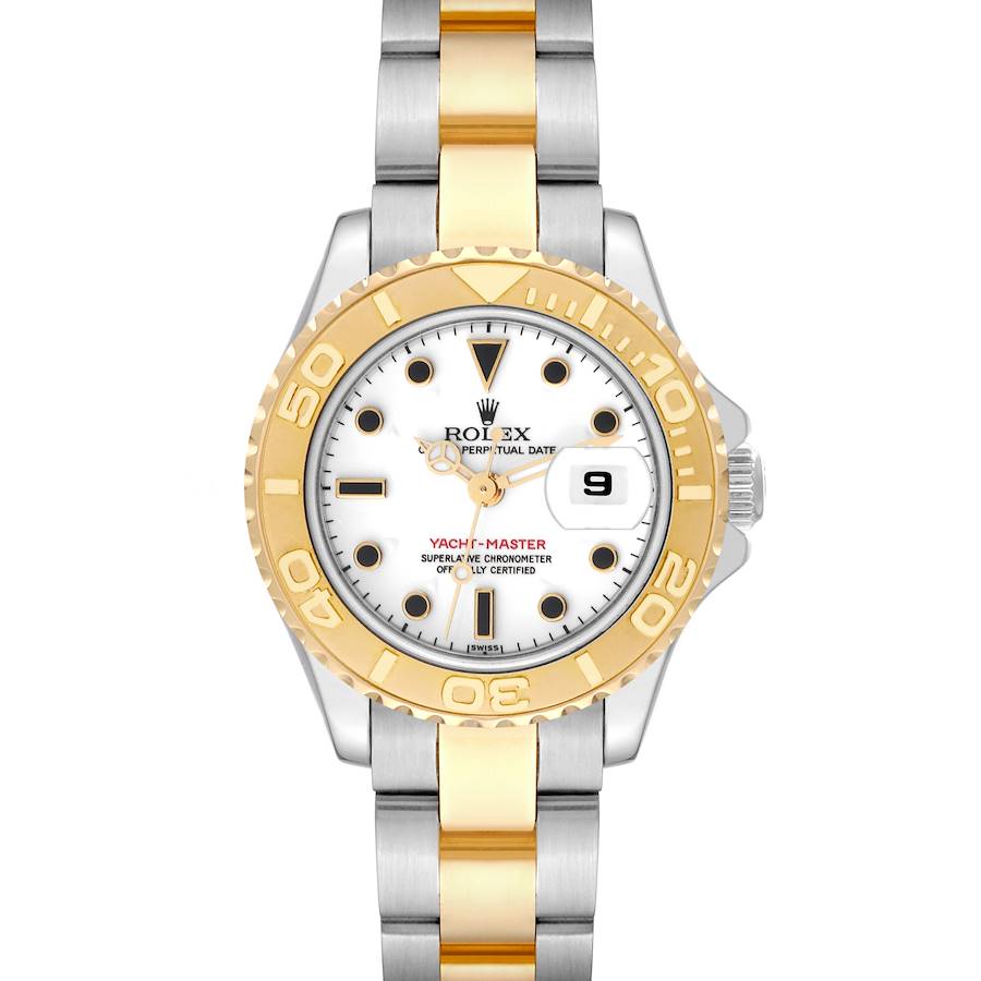 This Rolex Yacht-Master watch is shown from a top-down angle, highlighting its face, bezel, and bracelet.