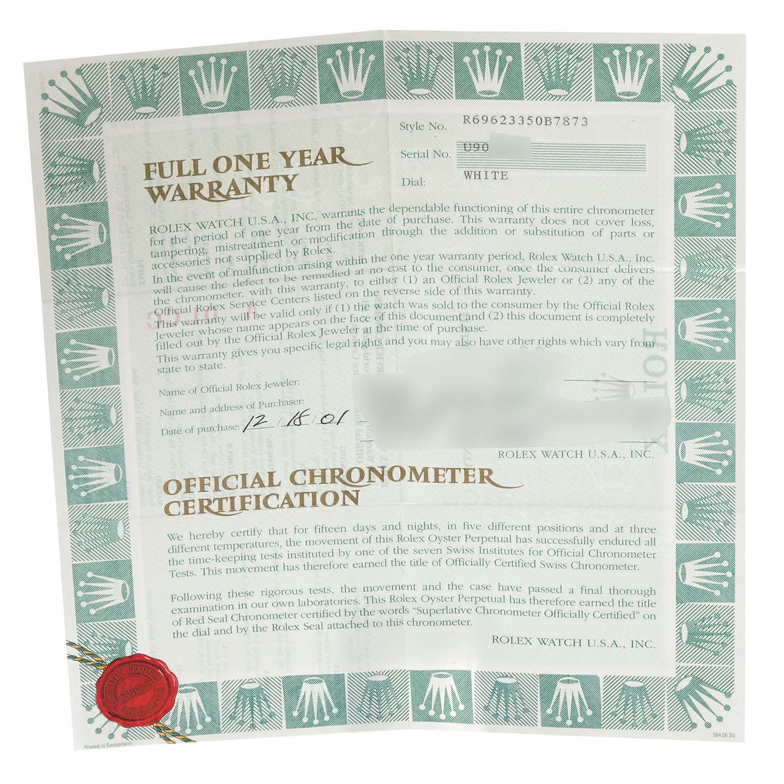 The image shows an official warranty and chronometer certification for the Rolex Yacht-Master 69623 Women's Steel and Gold (two tone) White Dial 69623 Women's Steel and Gold (two tone) White Dial model.