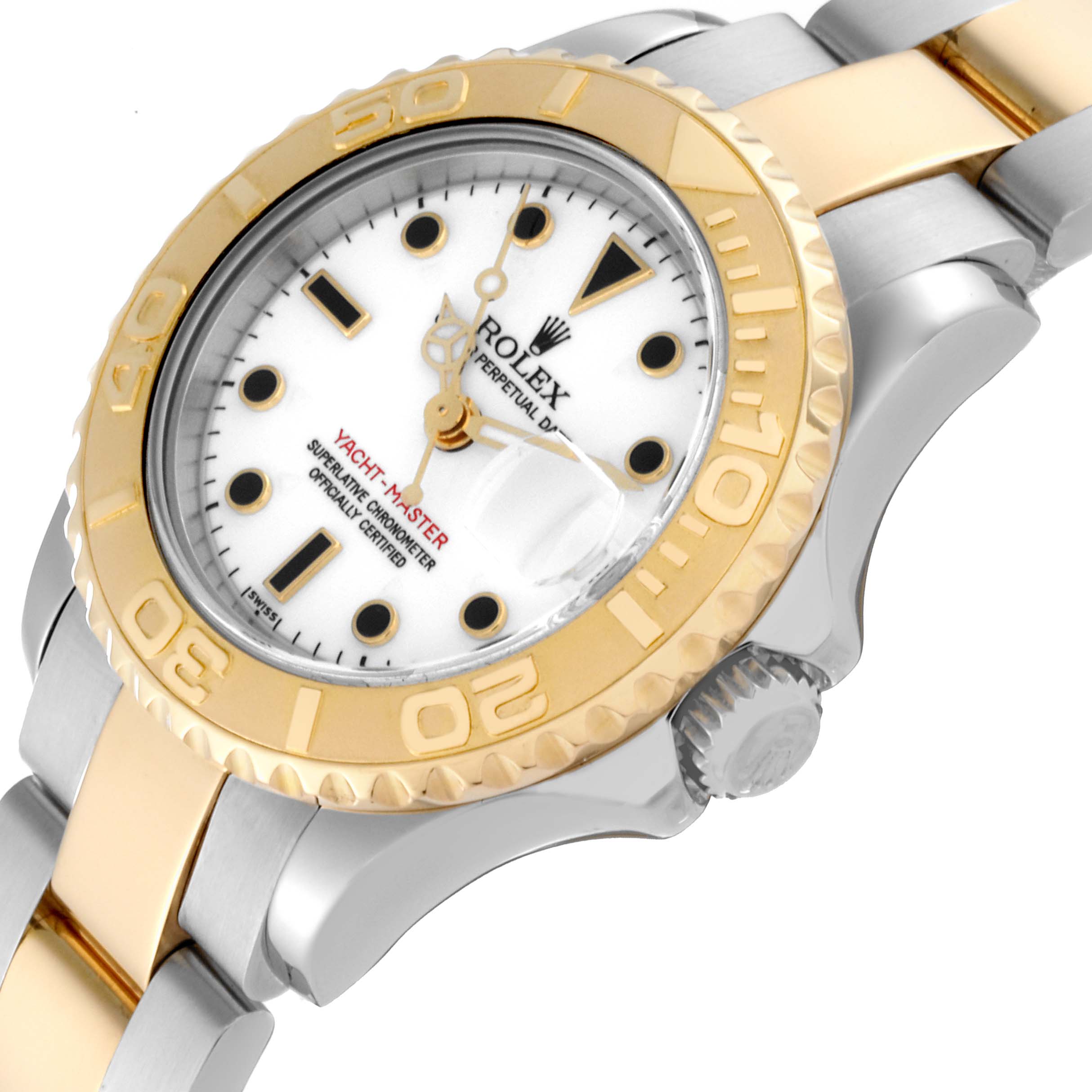 The image shows a Rolex Yacht-Master 69623 Women's Steel and Gold (two tone) White Dial 69623 Women's Steel and Gold (two tone) White Dial watch from a slightly angled top view, highlighting its gold bezel, dial, and two-tone bracelet.