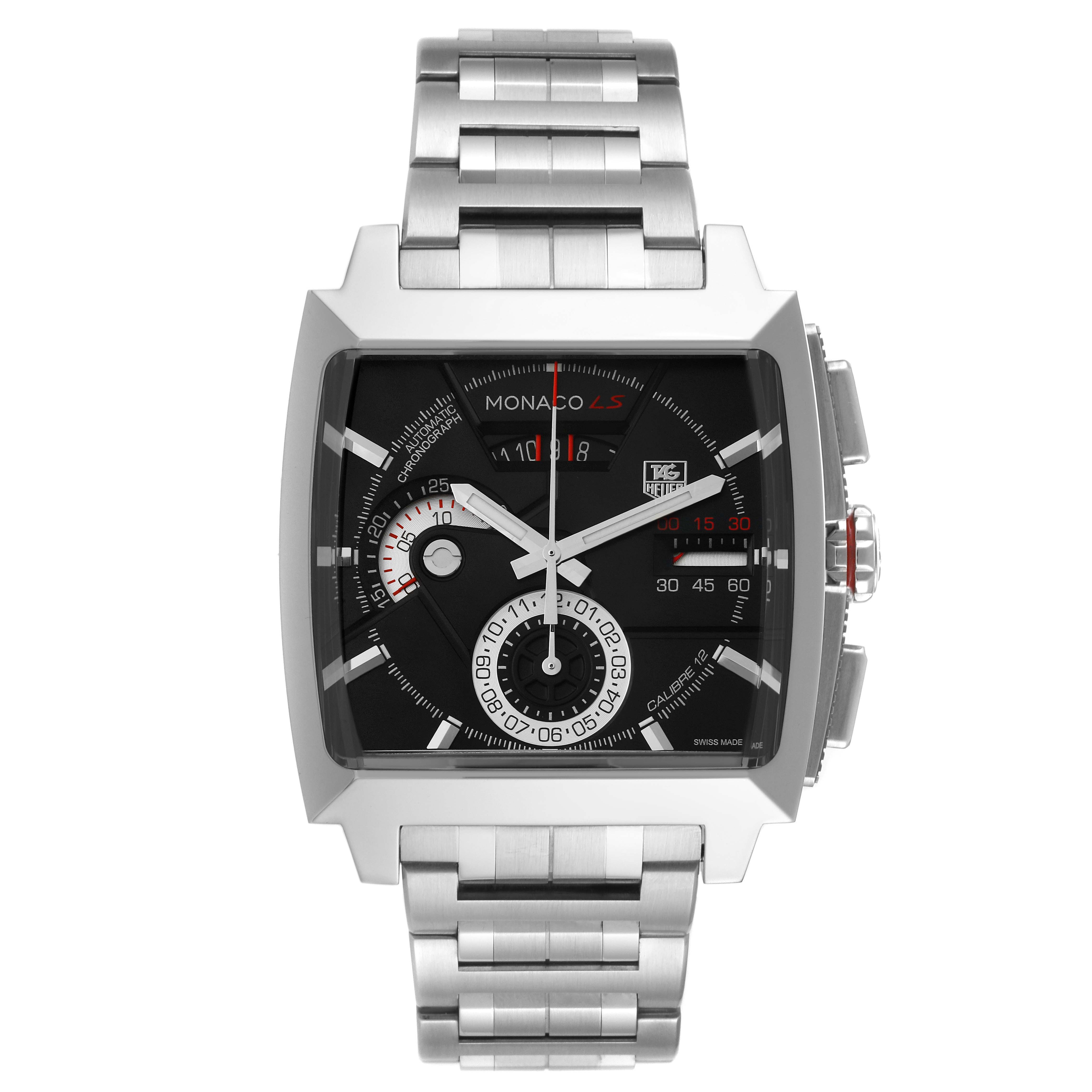 This image shows a frontal view of the Tag Heuer Monaco CAL2110.BA0781 Men's Stainless Steel Black Dial CAL2110.BA0781 Men's Stainless Steel Black Dial watch, highlighting its square case, black dial, and stainless steel bracelet.