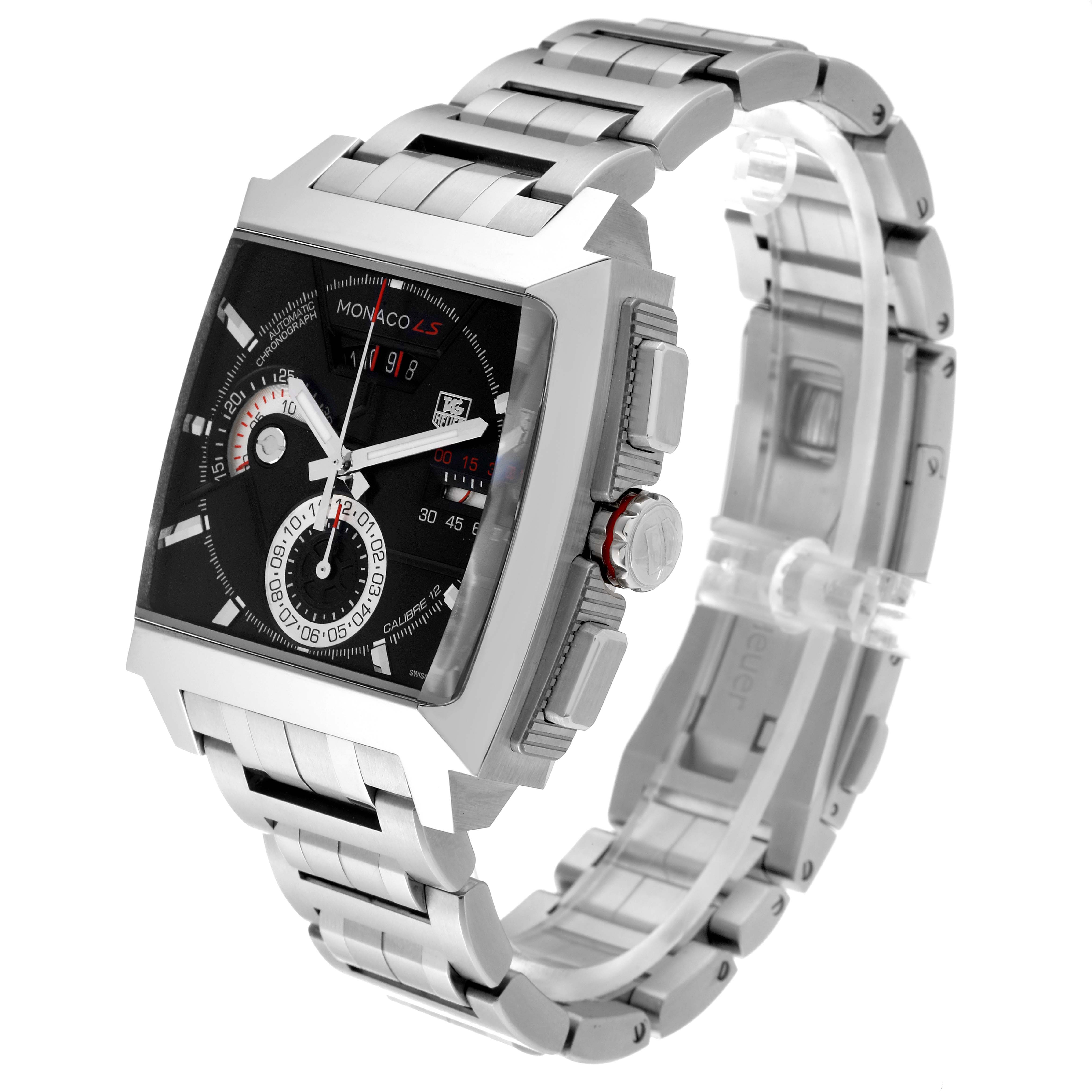 The image shows a right-side view of the face and bracelet of a Tag Heuer Monaco CAL2110.BA0781 Men's Stainless Steel Black Dial CAL2110.BA0781 Men's Stainless Steel Black Dial model watch.