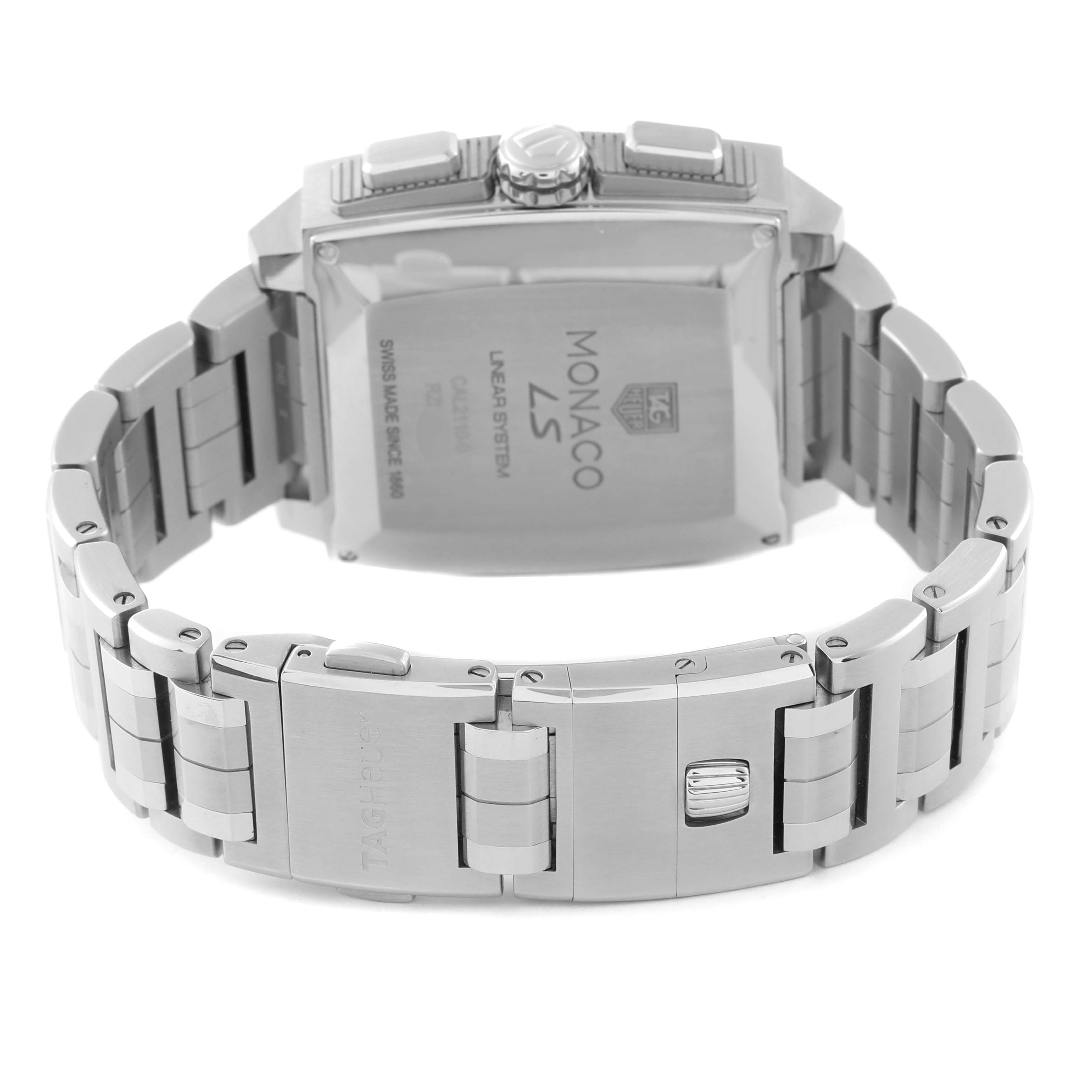 The image shows the back and bracelet of a Tag Heuer Monaco CAL2110.BA0781 Men's Stainless Steel Black Dial CAL2110.BA0781 Men's Stainless Steel Black Dial watch, highlighting the clasp and engraved case back.