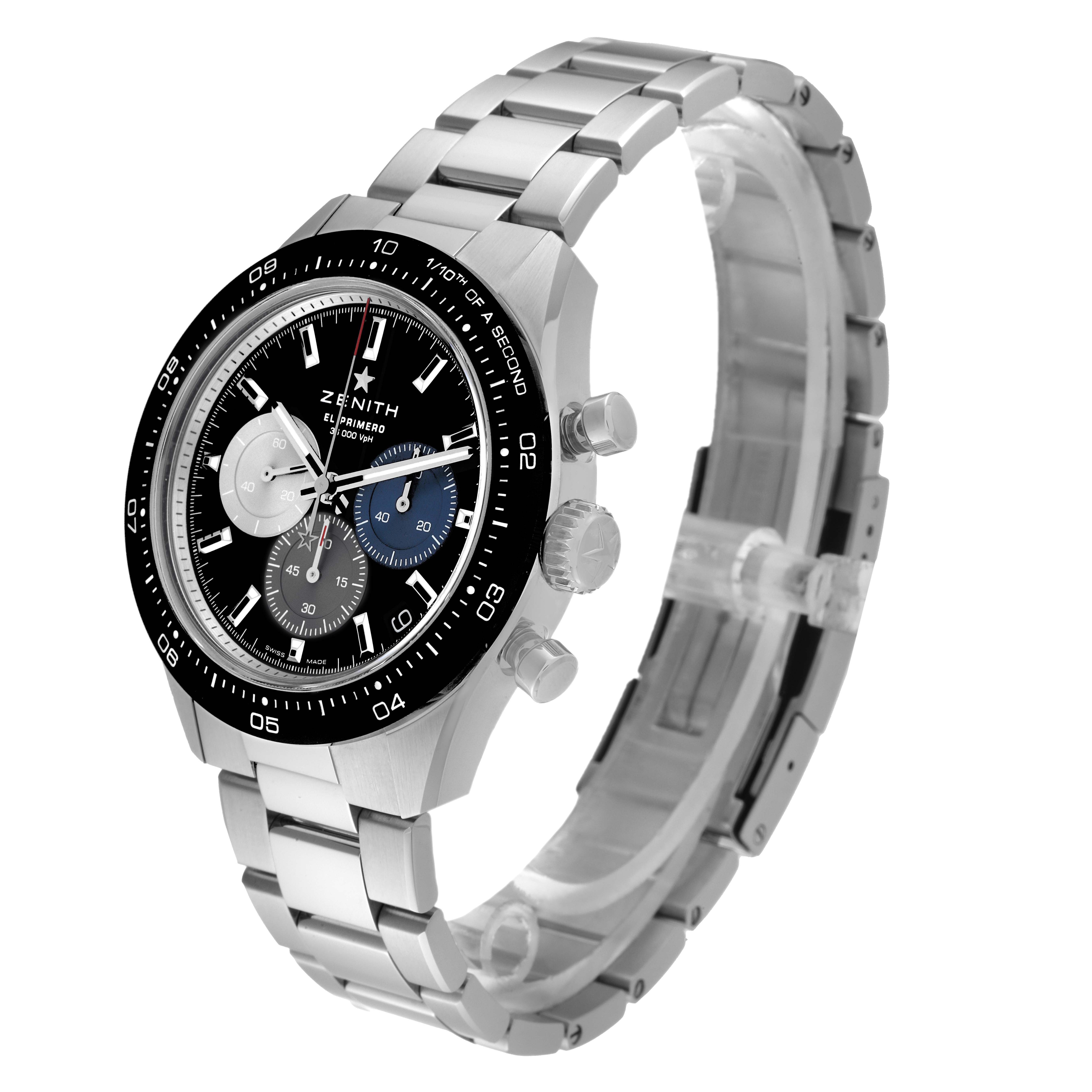 The image shows a Zenith Chronomaster 03.3100.3600 Men's Stainless Steel Black Dial 03.3100.3600 Men's Stainless Steel Black Dial watch from a three-quarter angle, displaying its face, bezel, crown, pushers, and bracelet.