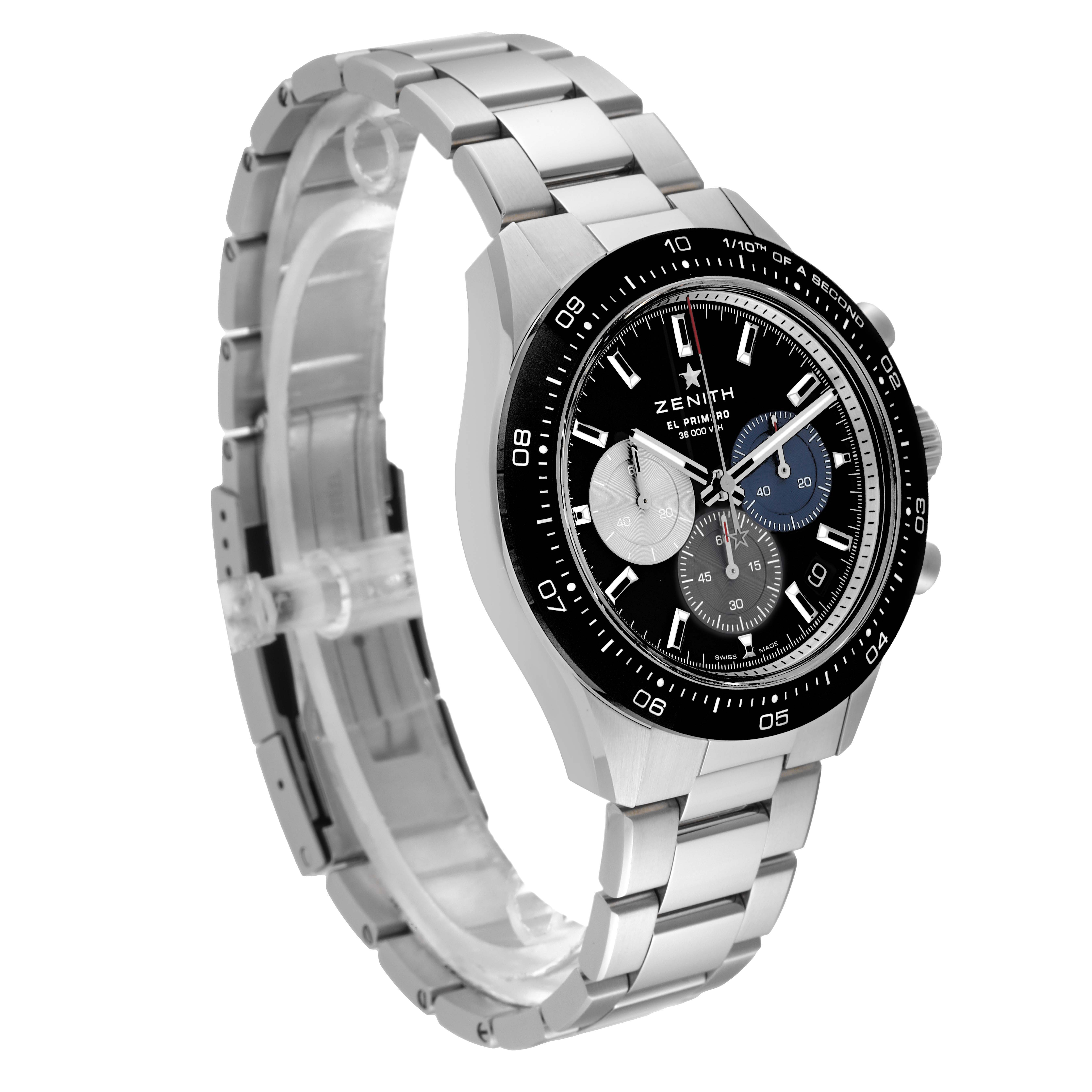 The image shows the Zenith Chronomaster 03.3100.3600 Men's Stainless Steel Black Dial 03.3100.3600 Men's Stainless Steel Black Dial watch, angled to display the face, bezel, and stainless steel bracelet.