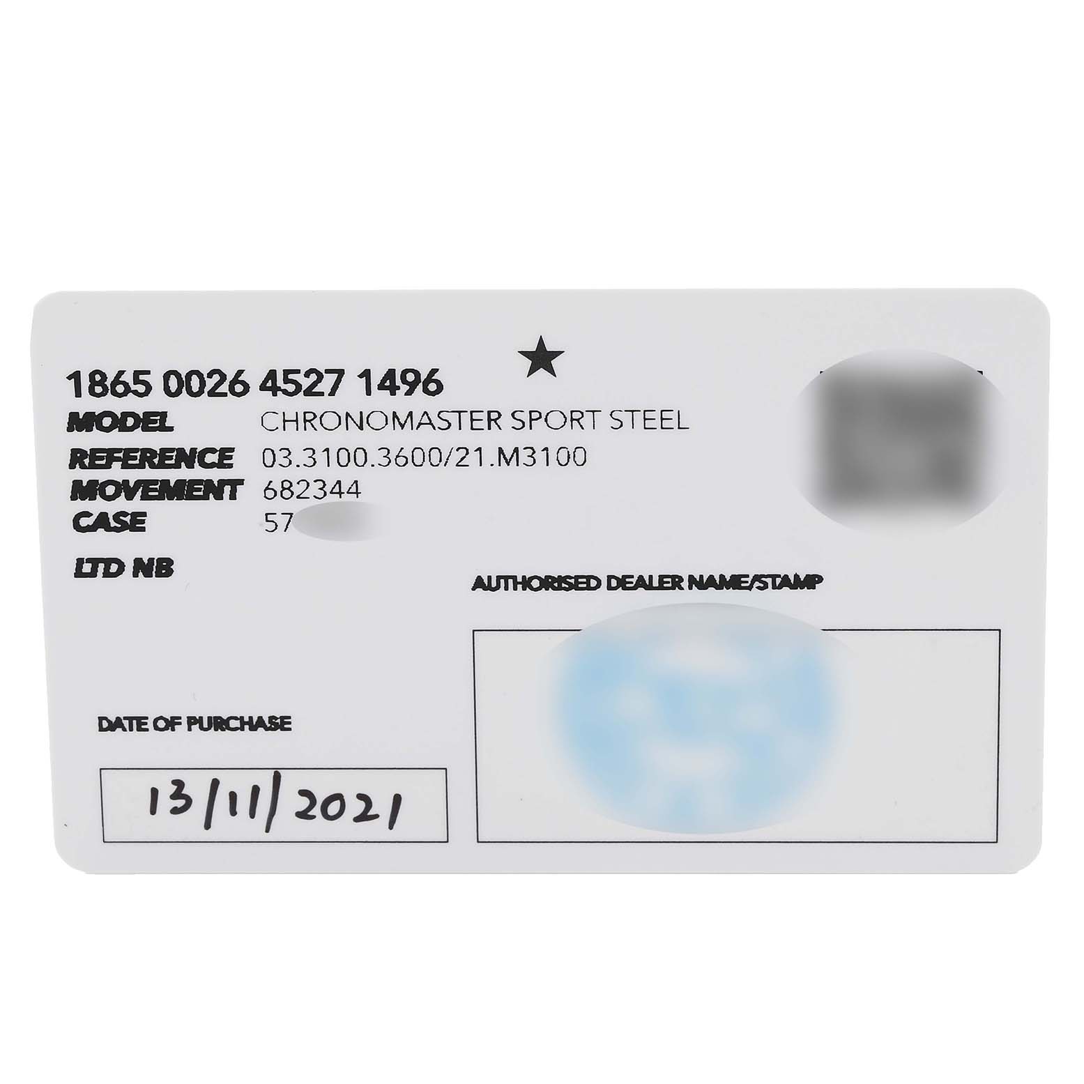 This is an image of a warranty card for the Zenith Chronomaster 03.3100.3600 Men's Stainless Steel Black Dial 03.3100.3600 Men's Stainless Steel Black Dial Sport Steel watch, showing model, reference, and other details.