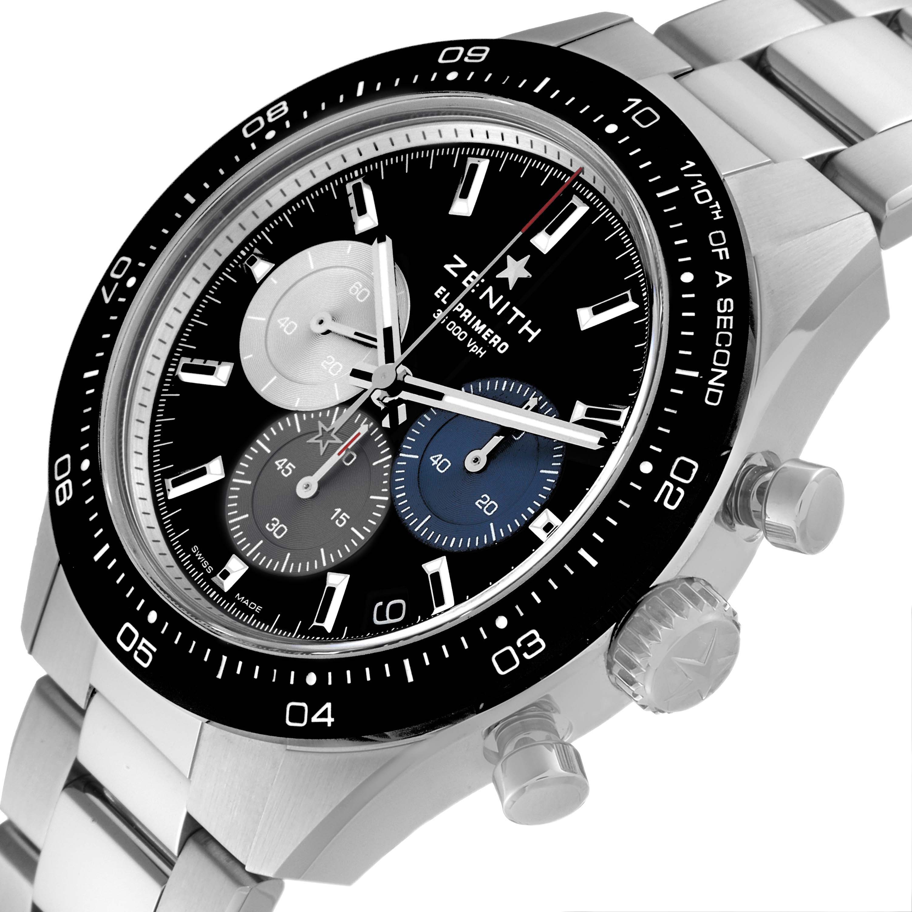 The image shows the Zenith Chronomaster 03.3100.3600 Men's Stainless Steel Black Dial 03.3100.3600 Men's Stainless Steel Black Dial watch at a slight angle, highlighting its dial, crown, push buttons, and metal bracelet.