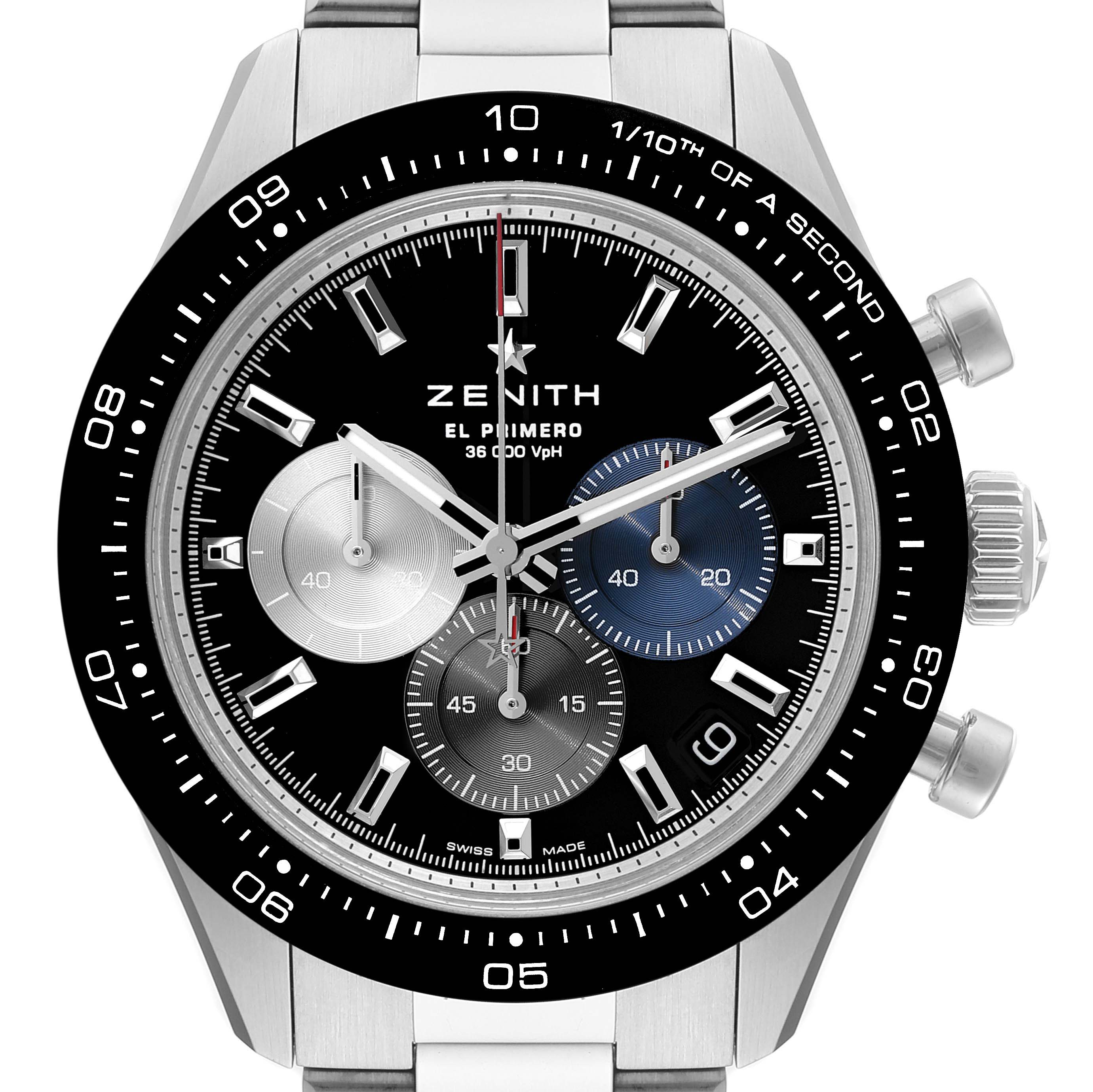 This image shows a close-up view of the dial and bezel of a Zenith Chronomaster 03.3100.3600 Men's Stainless Steel Black Dial 03.3100.3600 Men's Stainless Steel Black Dial El Primero watch.