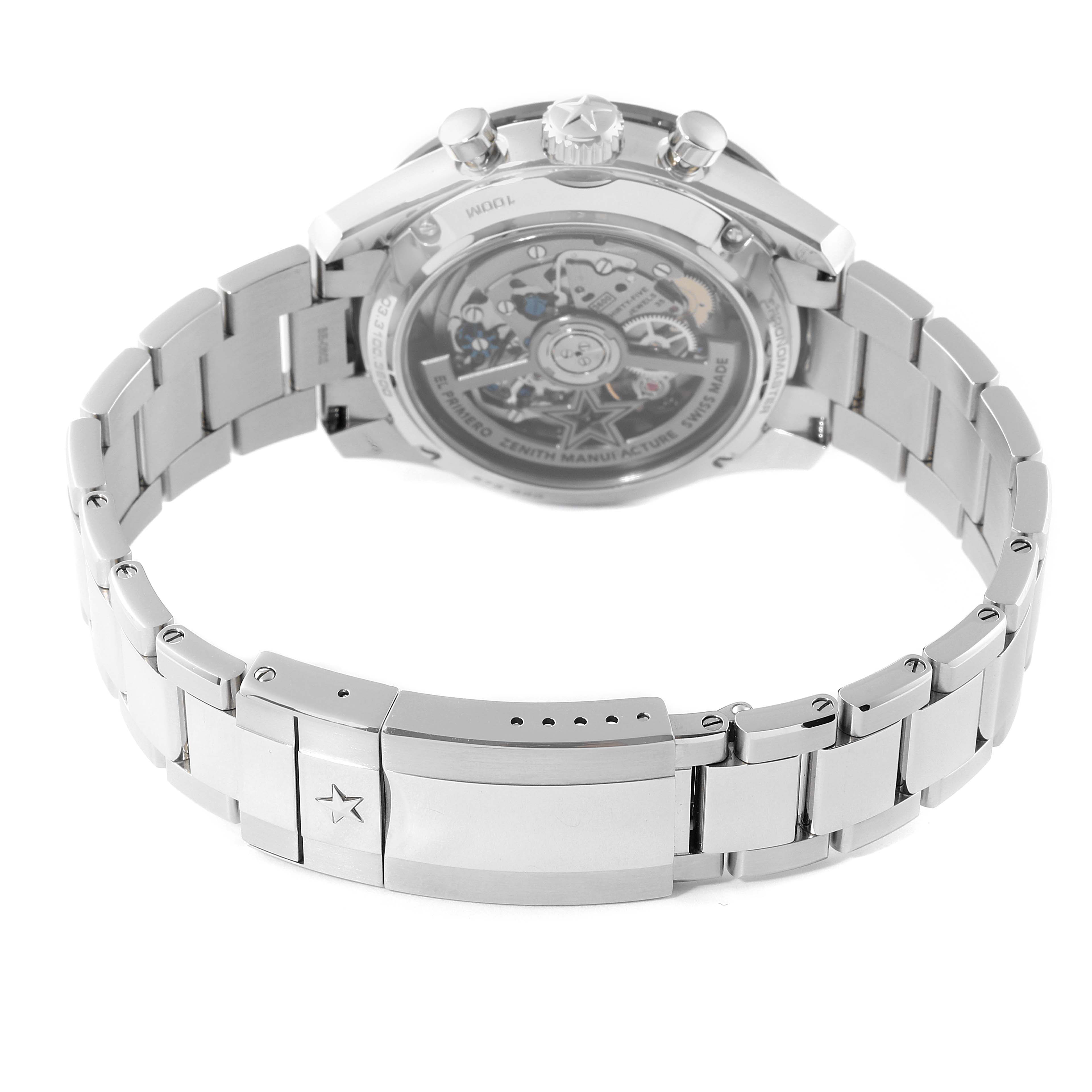 The image shows the back view of the Zenith Chronomaster 03.3100.3600 Men's Stainless Steel Black Dial 03.3100.3600 Men's Stainless Steel Black Dial watch, highlighting its movement and bracelet.