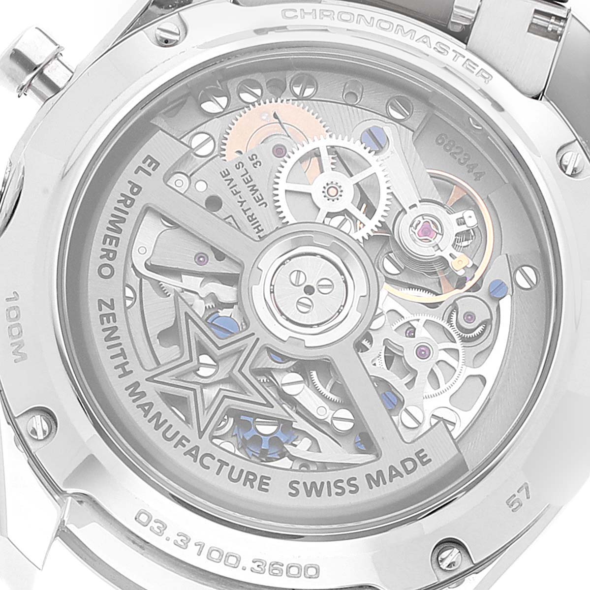 This image shows the back view of the Zenith Chronomaster 03.3100.3600 Men's Stainless Steel Black Dial 03.3100.3600 Men's Stainless Steel Black Dial, revealing its El Primero movement mechanism.