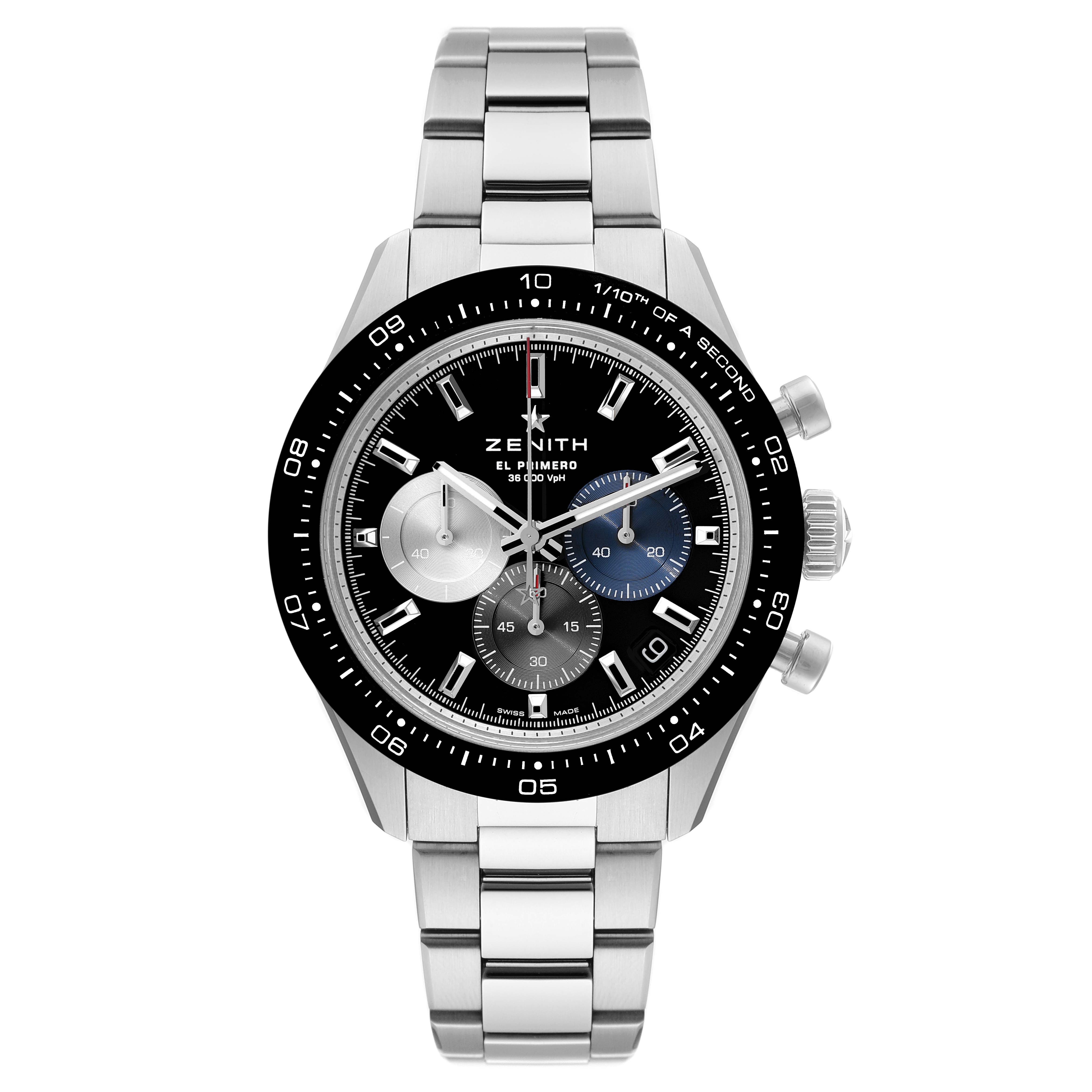 This Zenith Chronomaster 03.3100.3600 Men's Stainless Steel Black Dial 03.3100.3600 Men's Stainless Steel Black Dial watch is shown from a front angle, displaying its face, bezel, pushers, and stainless steel bracelet.