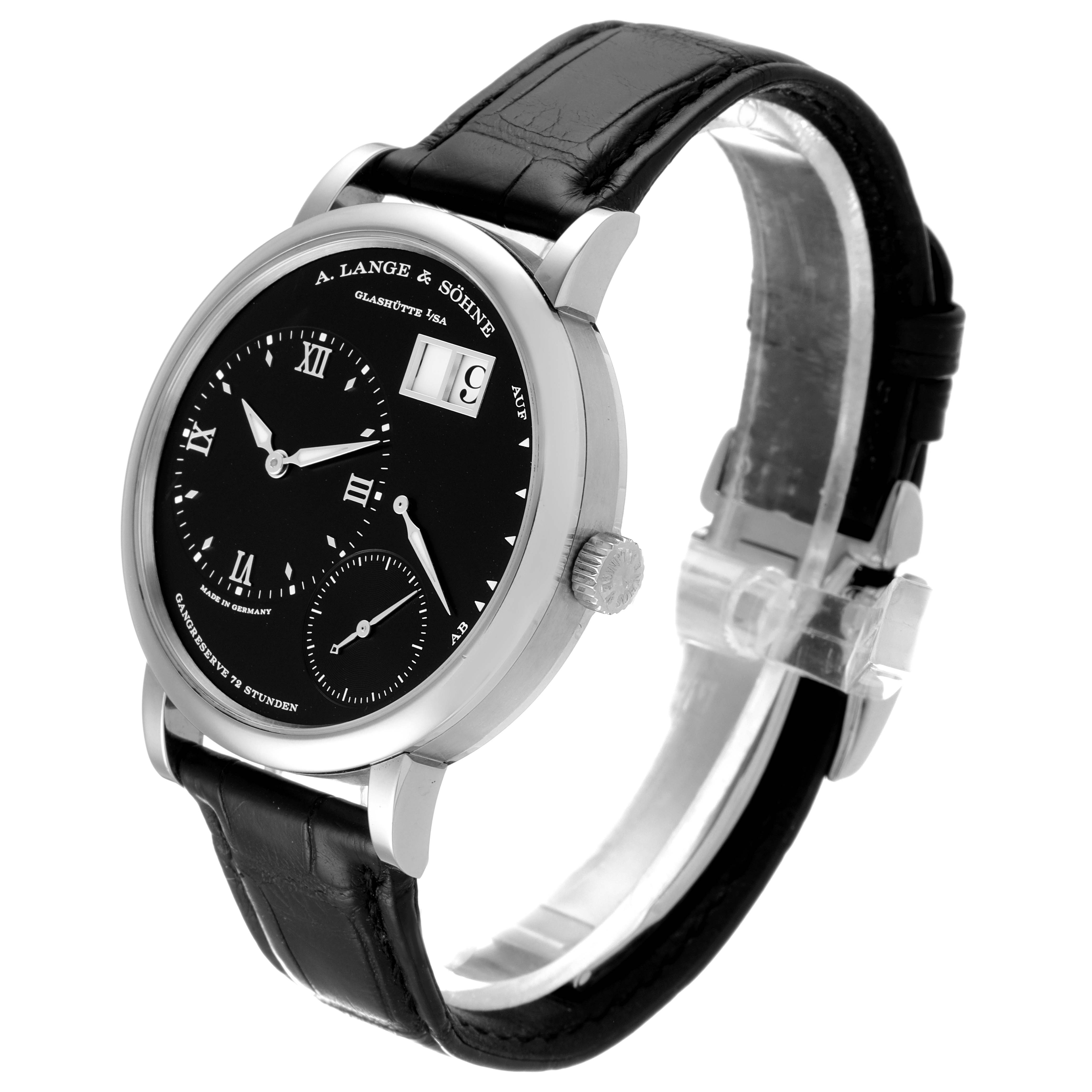 The image displays a side and front view of the A. Lange & Sohne Lange 1 117.028 Men's White Gold Black Dial watch, showcasing its black dial, casing, crown, and leather strap.