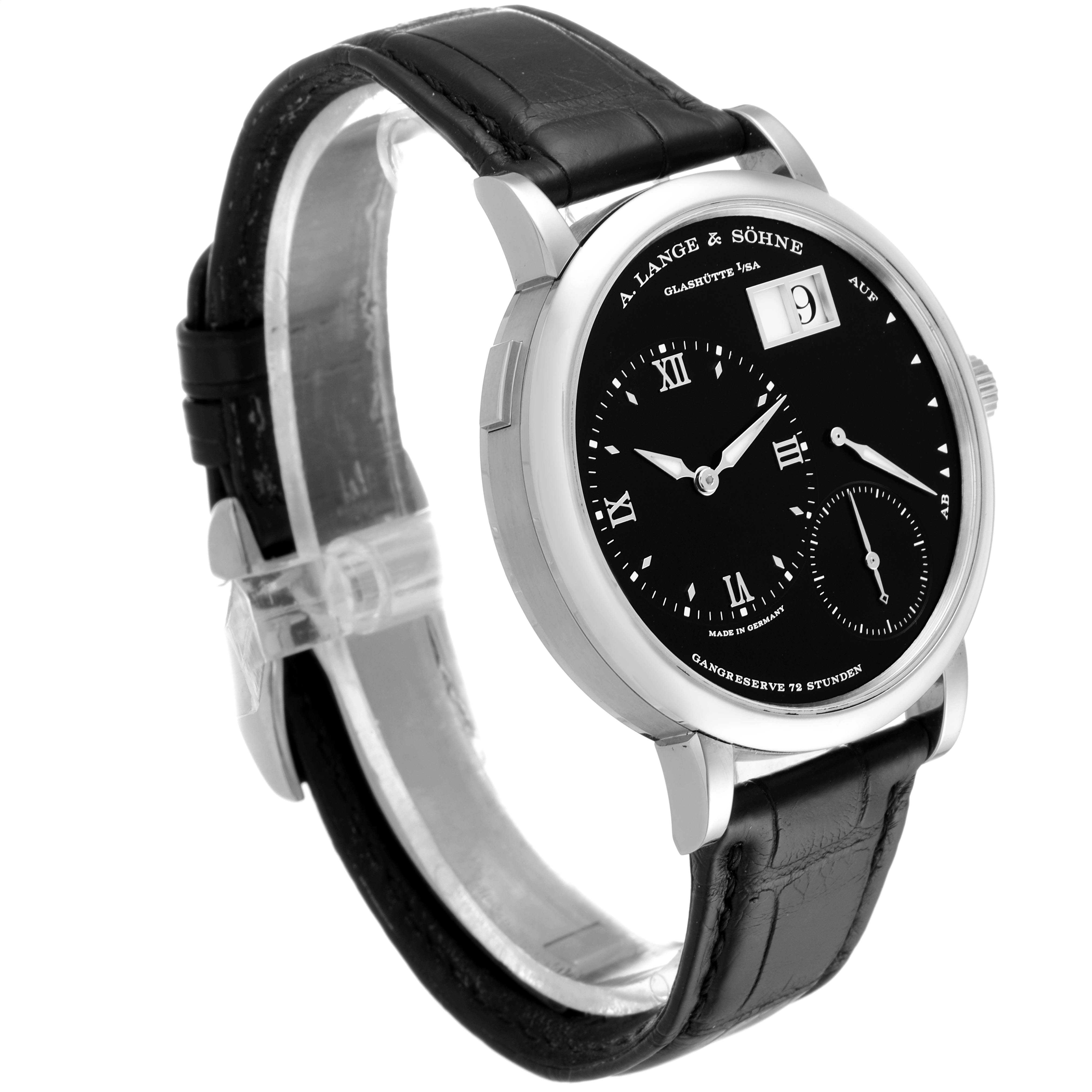 The image shows an A. Lange & Sohne Lange 1 117.028 Men's White Gold Black Dial watch at a three-quarter angle, displaying the dial and strap.