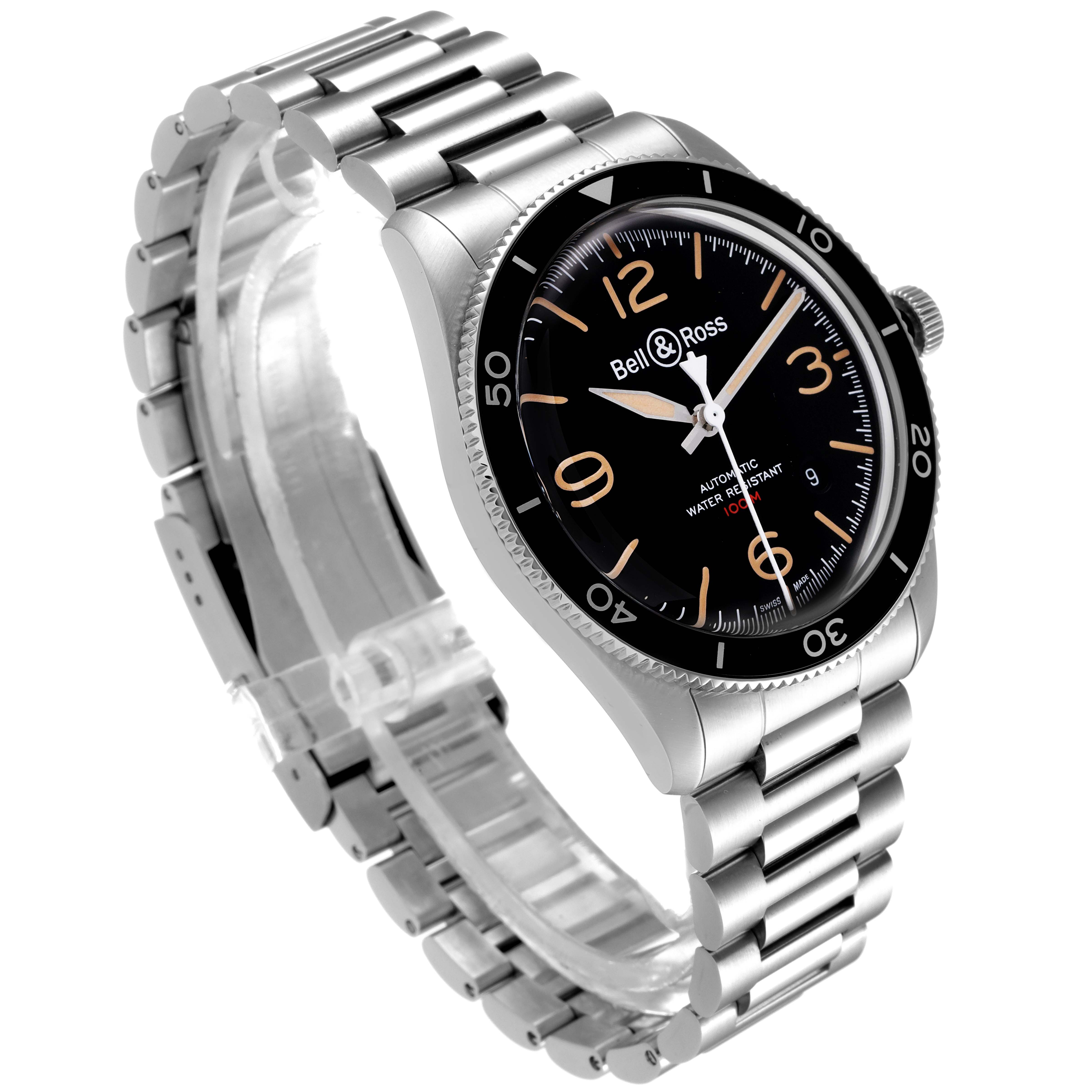 The image shows a Bell & Ross Heritage BRV292-HER-ST/SST Men's Stainless Steel Black Dial BRV292-HER-ST/SST Men's Stainless Steel Black Dial model watch at a three-quarter angle, highlighting the face, bezel, and metal band.