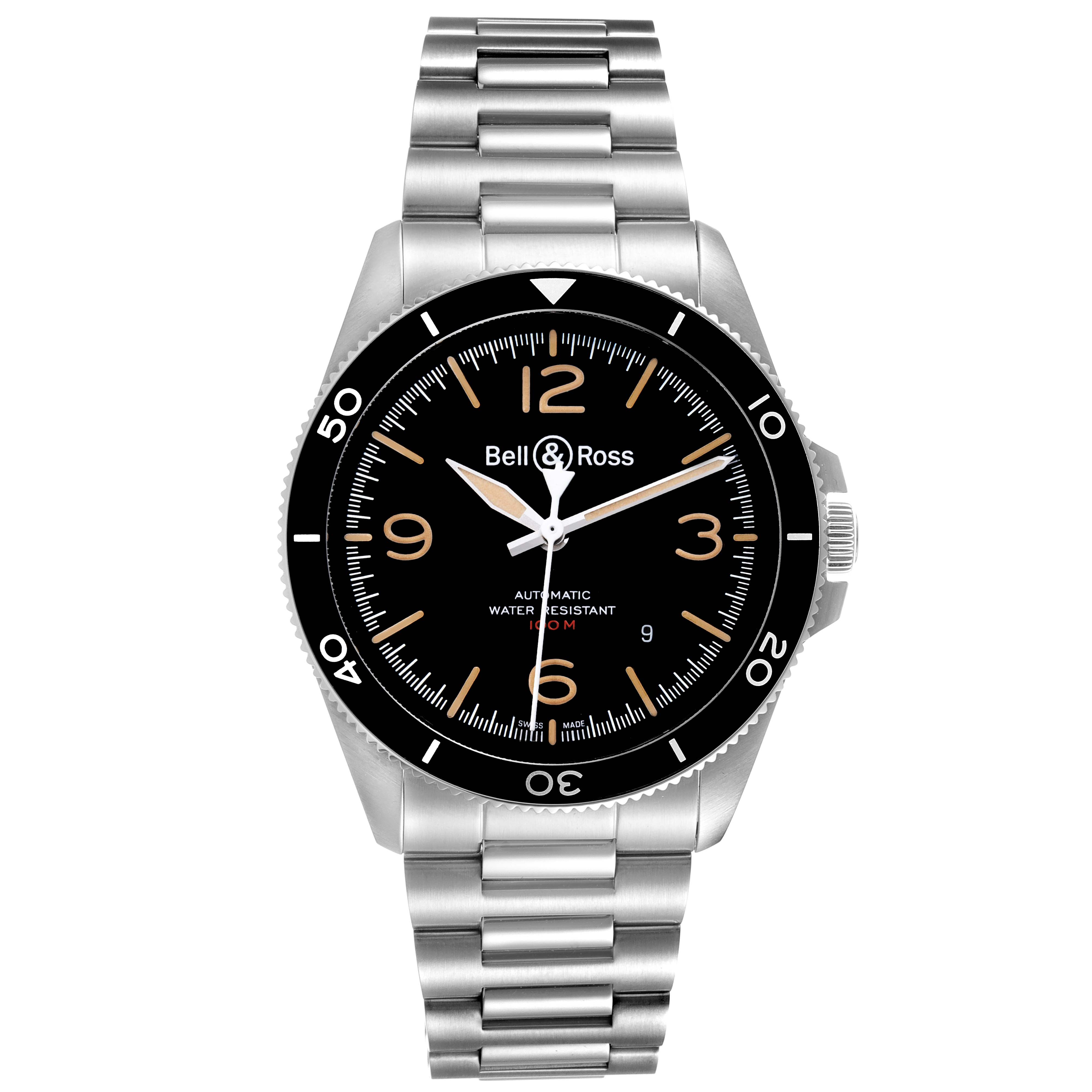 The image shows a front view of the Bell & Ross Heritage BRV292-HER-ST/SST Men's Stainless Steel Black Dial BRV292-HER-ST/SST Men's Stainless Steel Black Dial model watch, displaying its dial, bezel, and stainless steel bracelet.