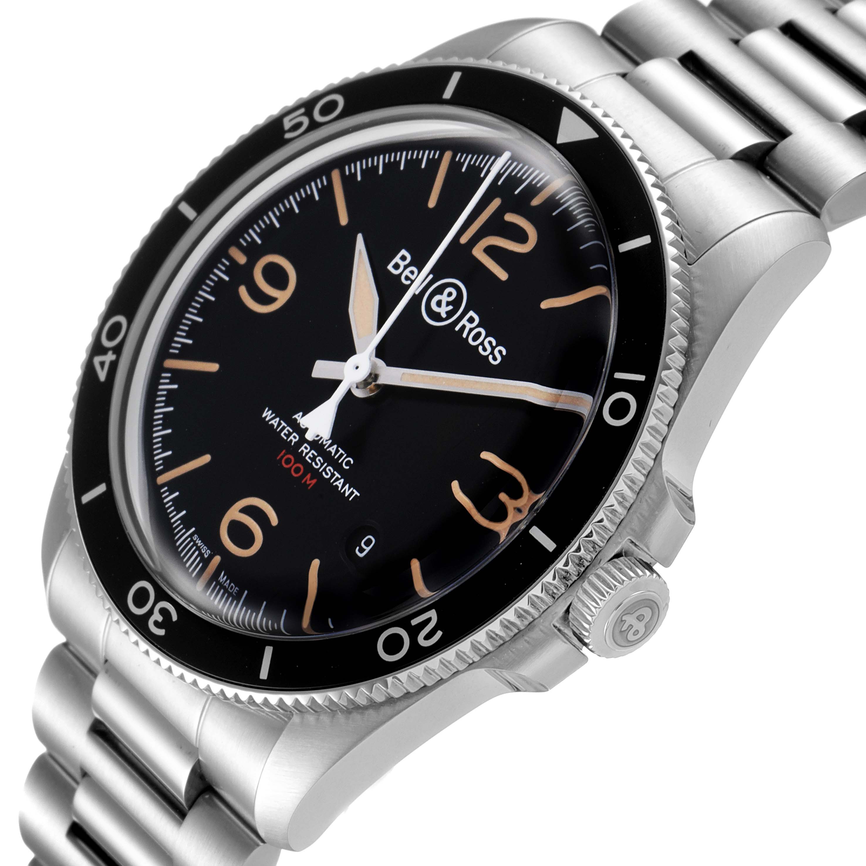 The image shows a Bell & Ross Heritage BRV292-HER-ST/SST Men's Stainless Steel Black Dial BRV292-HER-ST/SST Men's Stainless Steel Black Dial model watch at an angled close-up, highlighting its bezel, dial, and bracelet.