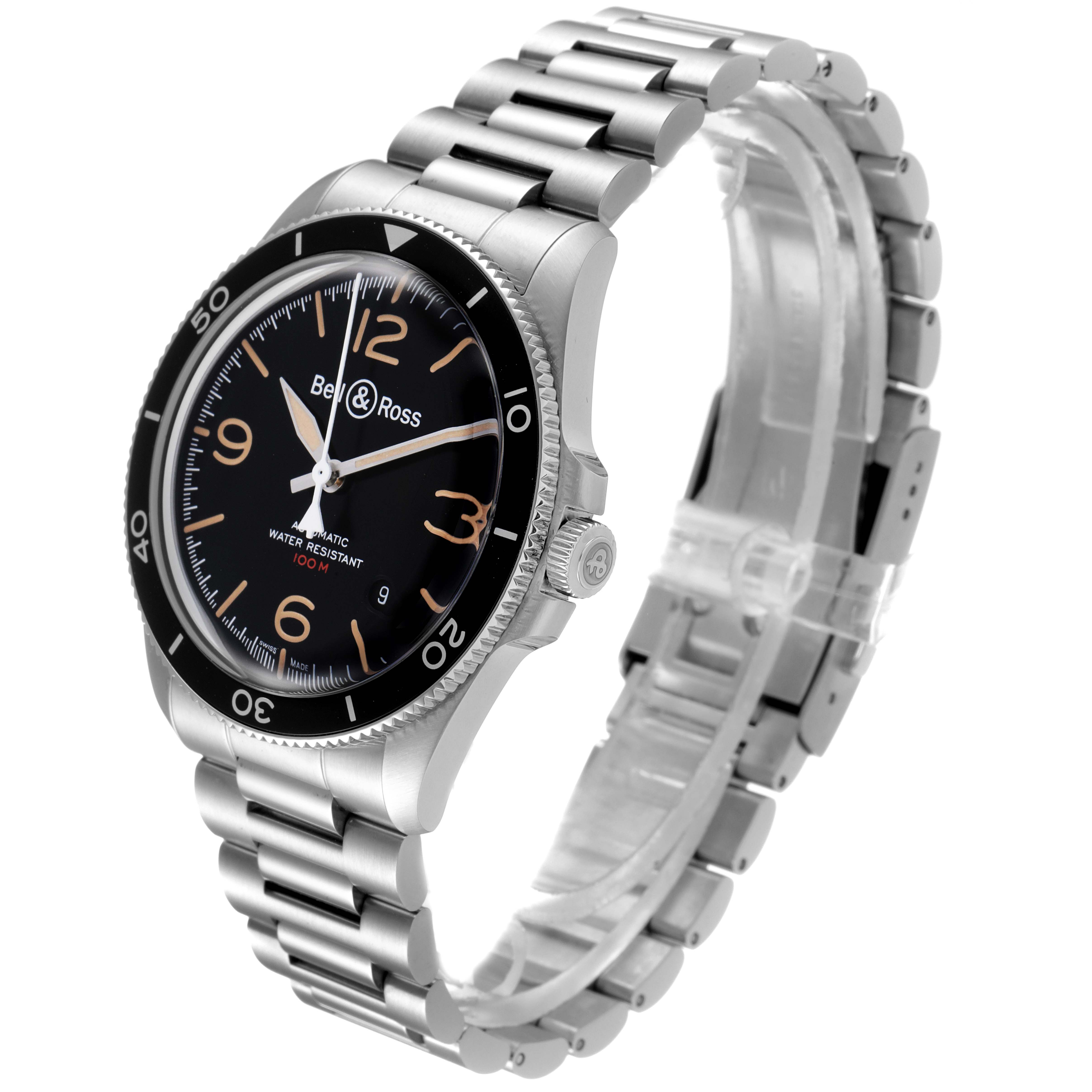 The image shows a side angle of the Bell & Ross Heritage BRV292-HER-ST/SST Men's Stainless Steel Black Dial BRV292-HER-ST/SST Men's Stainless Steel Black Dial model watch, focusing on its face, bezel, and metal bracelet.