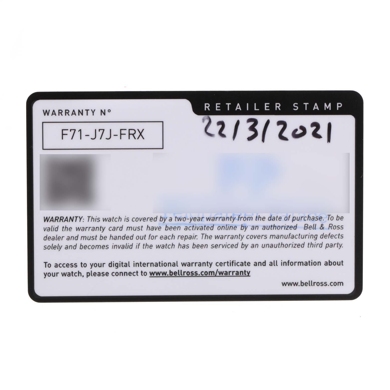 The image shows a warranty card for the Heritage model by Bell & Ross, featuring warranty information and a retailer stamp dated 22/3/2021.