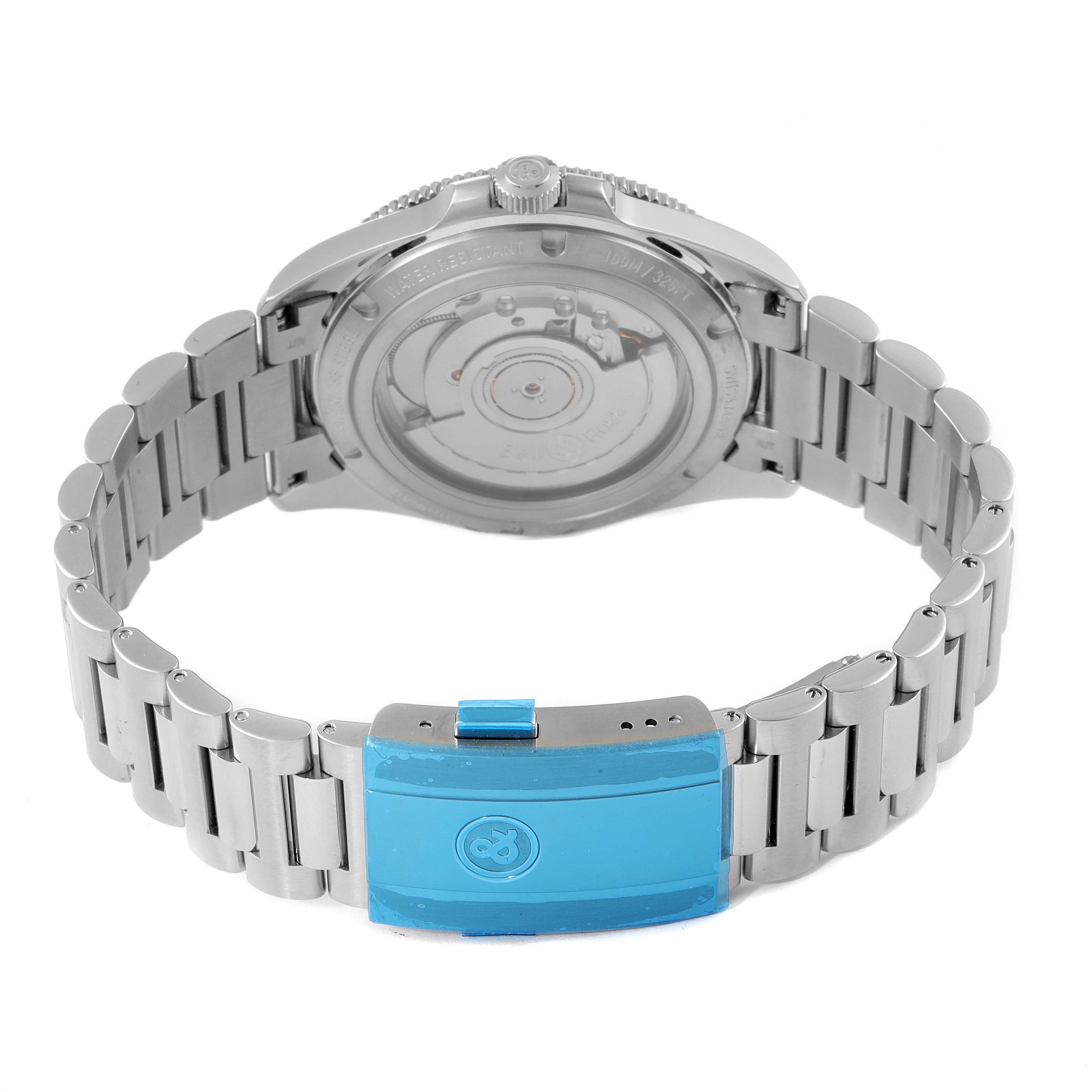 This image shows the back view of the Bell & Ross Heritage BRV292-BL-ST/SST Men's Stainless Steel Black Dial BRV292-BL-ST/SST Men's Stainless Steel Black Dial watch, highlighting its bracelet, clasp, and transparent caseback.