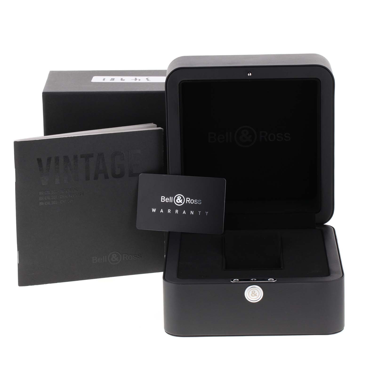 The image shows the box, warranty card, and manual for the Bell & Ross Heritage BRV292-BL-ST/SST Men's Stainless Steel Black Dial BRV292-BL-ST/SST Men's Stainless Steel Black Dial model.