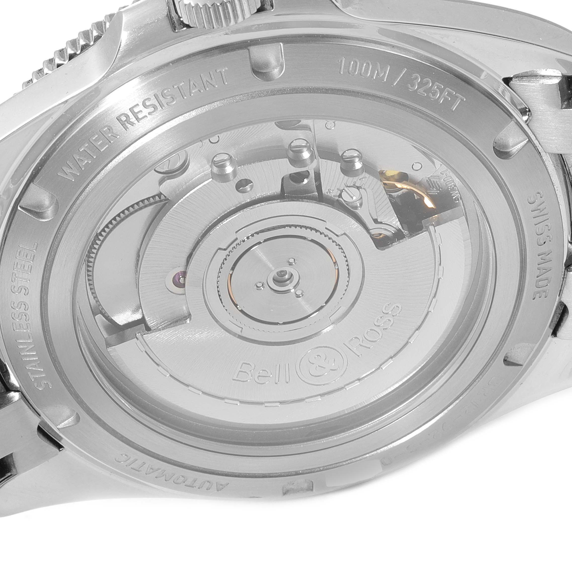 This image shows the transparent back case of the Bell & Ross Heritage BRV292-BL-ST/SST Men's Stainless Steel Black Dial BRV292-BL-ST/SST Men's Stainless Steel Black Dial model, highlighting its inner automatic movement.